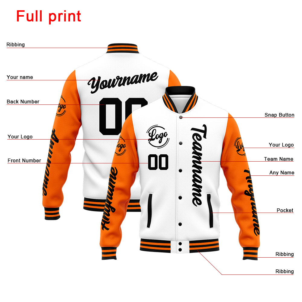 Custom Orange White Varsity Jacket for Men Women and Youth with Personalized Letterman Jacket 