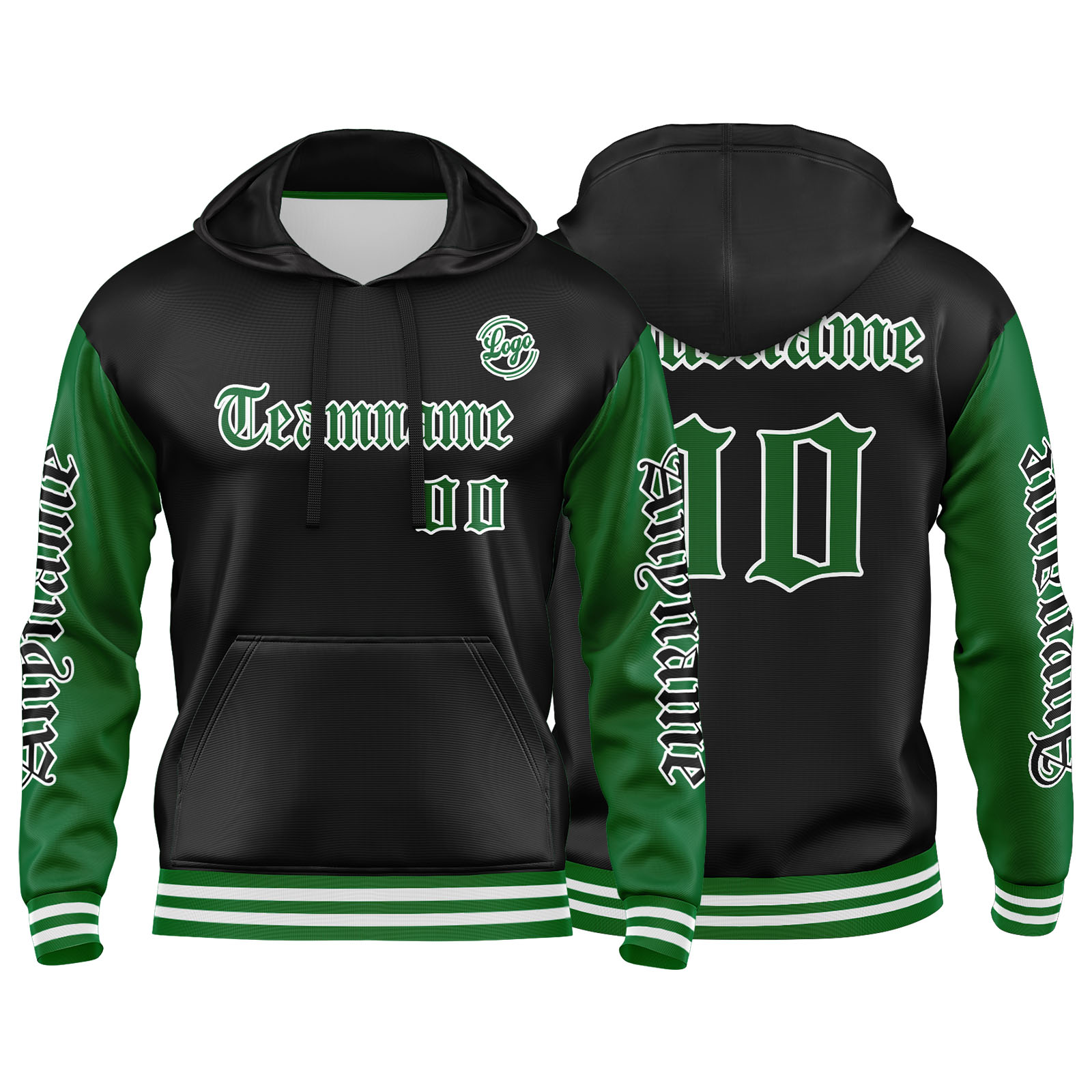 Custom Green Black Hoodie Personalized Mens Pullover Hoodie Printed Team Name Number Logo for Women