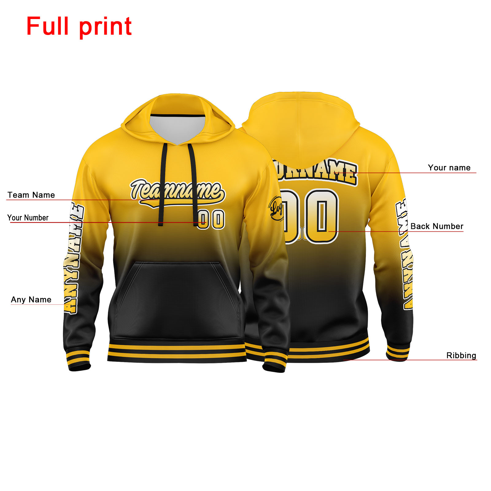 Custom Yellow Black Hoodie Personalized Mens Pullover Hoodie Printed Team Name Number Logo for Women