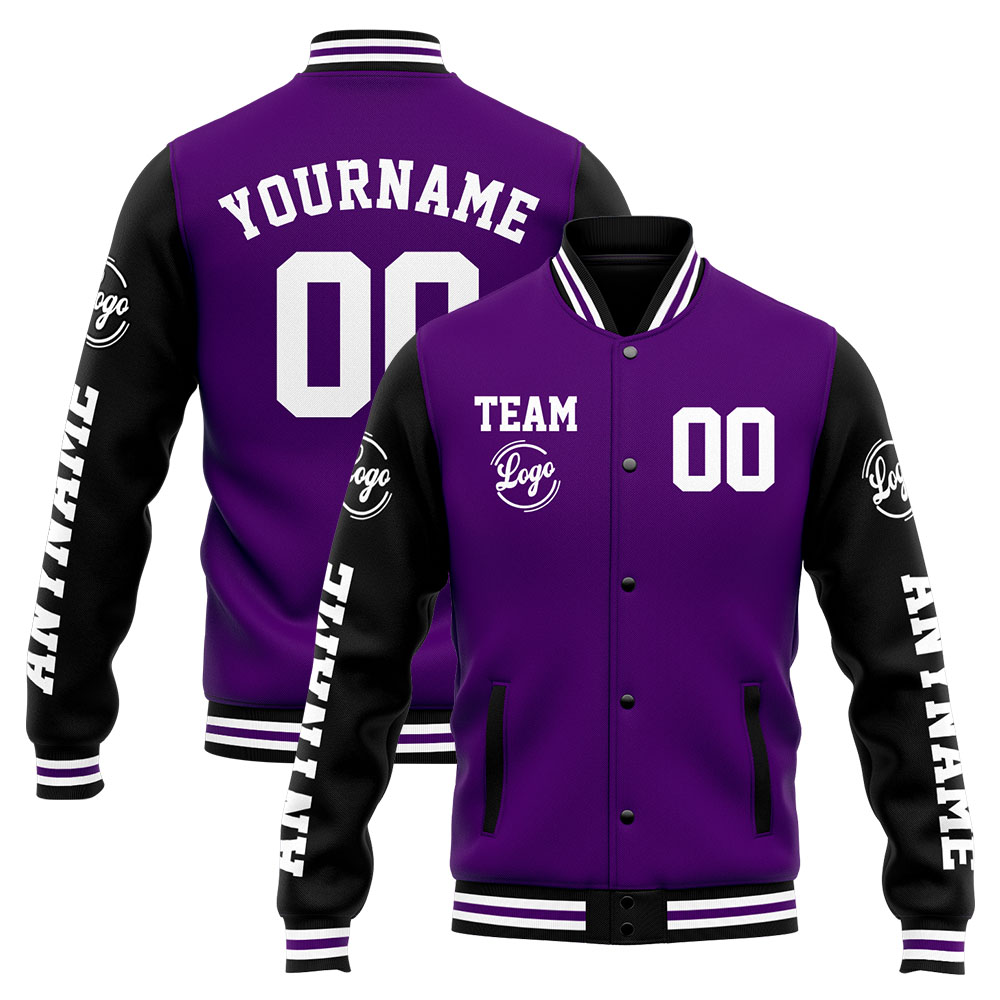 Custom Purple Black Varsity Jacket for Men Women and Youth with Personalized Letterman Jacket 
