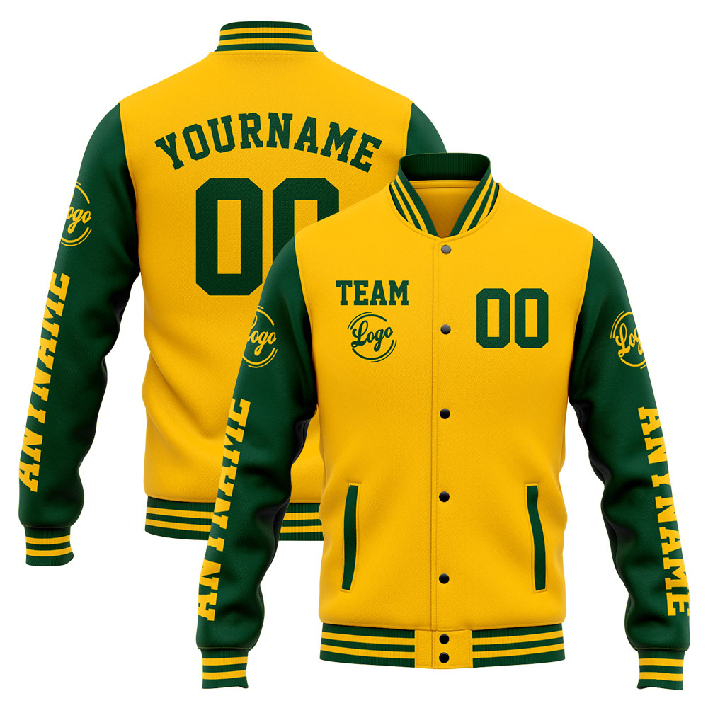 Custom Green Yellow Varsity Jacket for Men Women and Youth with Personalized Letterman Jacket 