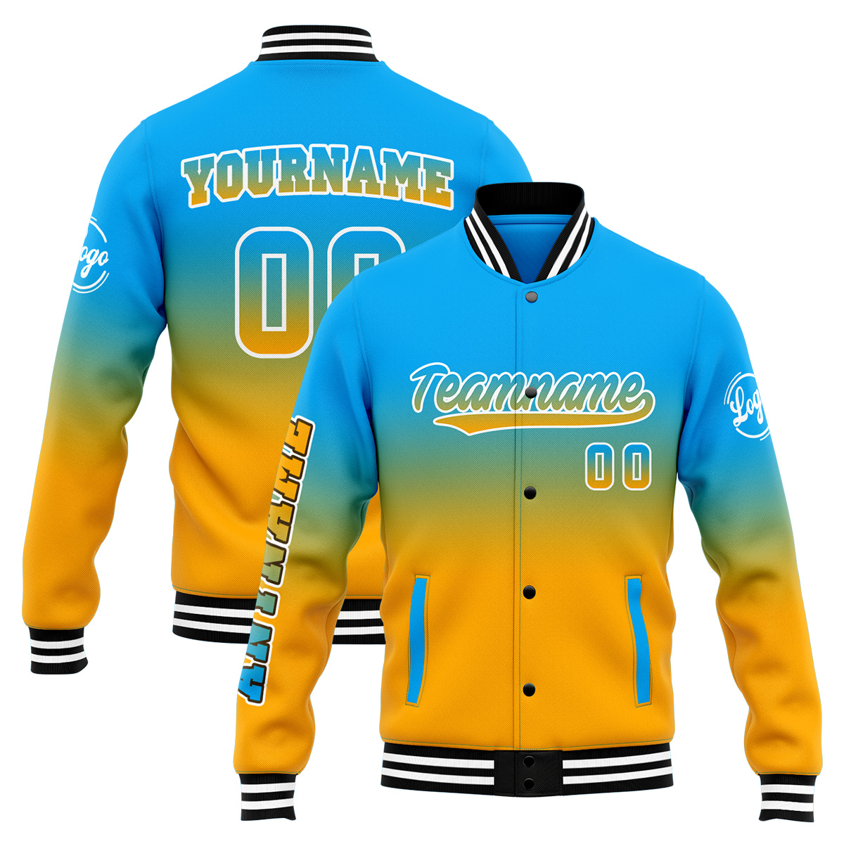 Custom Light Blue&Orange Green Varsity Jacket for Men Women and Youth with Personalized Letterman Jacket 