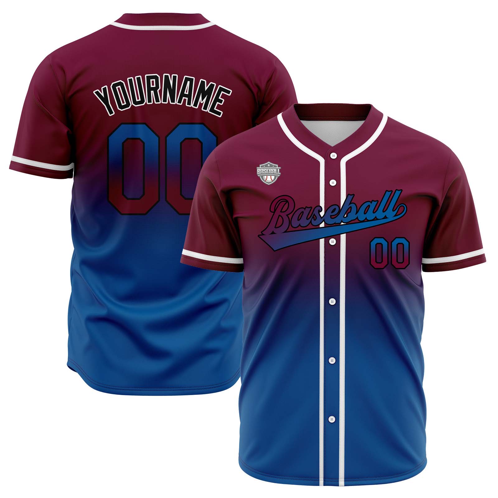 Custom Burgundy&Blue Gradient Baseball Jerseys Personalized Name Number Logo