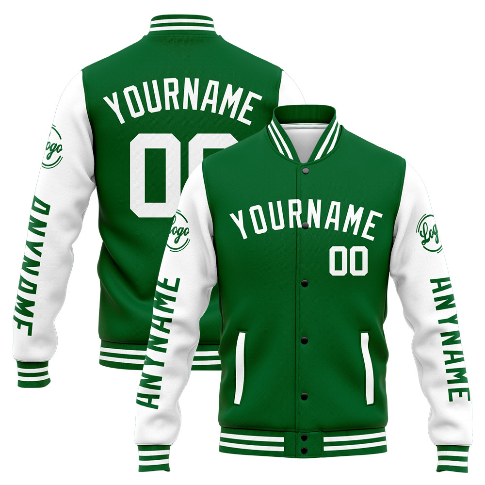 Custom Green White Varsity Jacket for Men Women and Youth with Personalized Letterman Jacket 