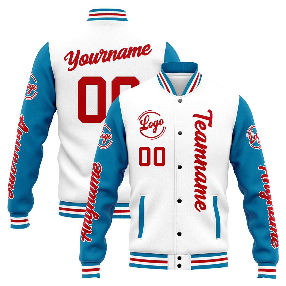 Custom Blue White Red Varsity Jacket for Men Women and Youth with Personalized Letterman Jacket 