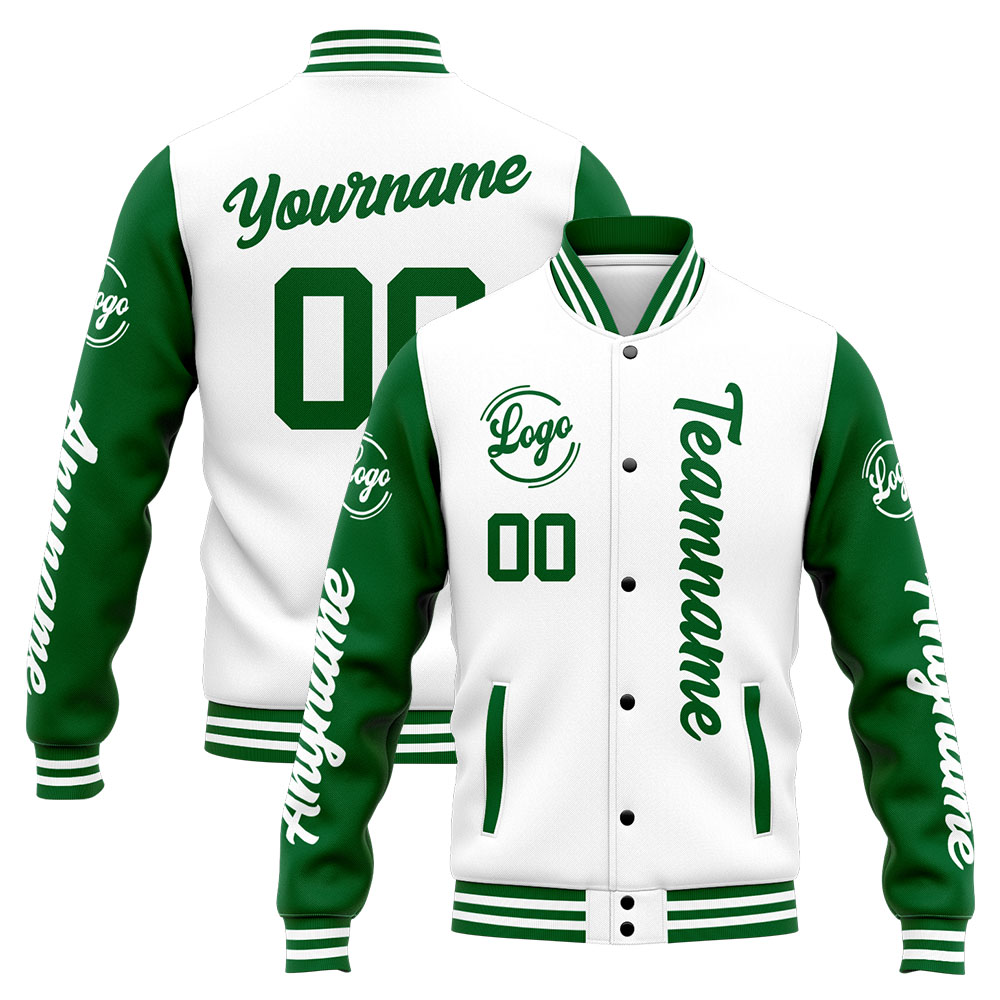 Custom Green White Varsity Jacket for Men Women and Youth with Personalized Letterman Jacket 