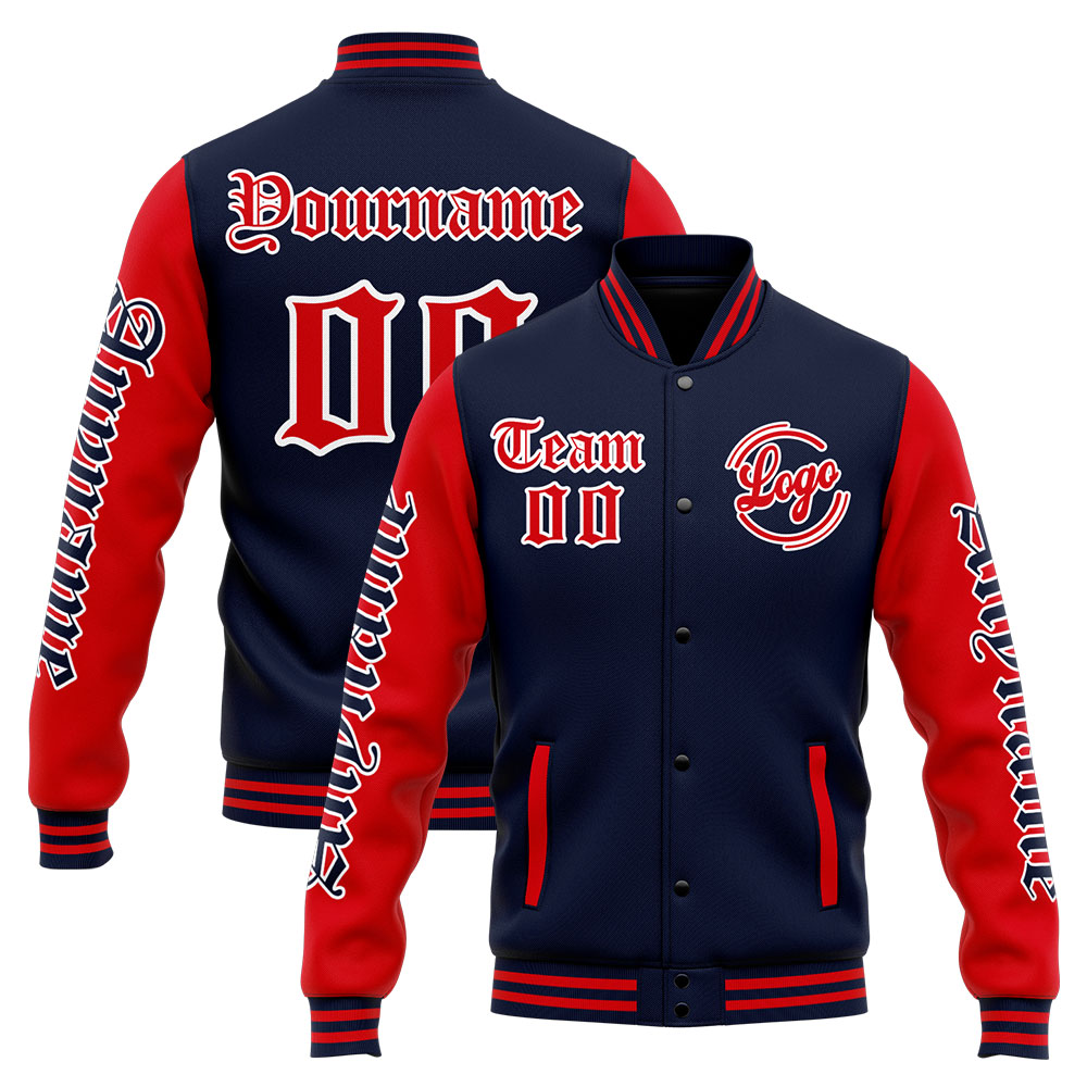 Custom Navy Red Varsity Jacket for Men Women and Youth with Personalized Letterman Jacket 