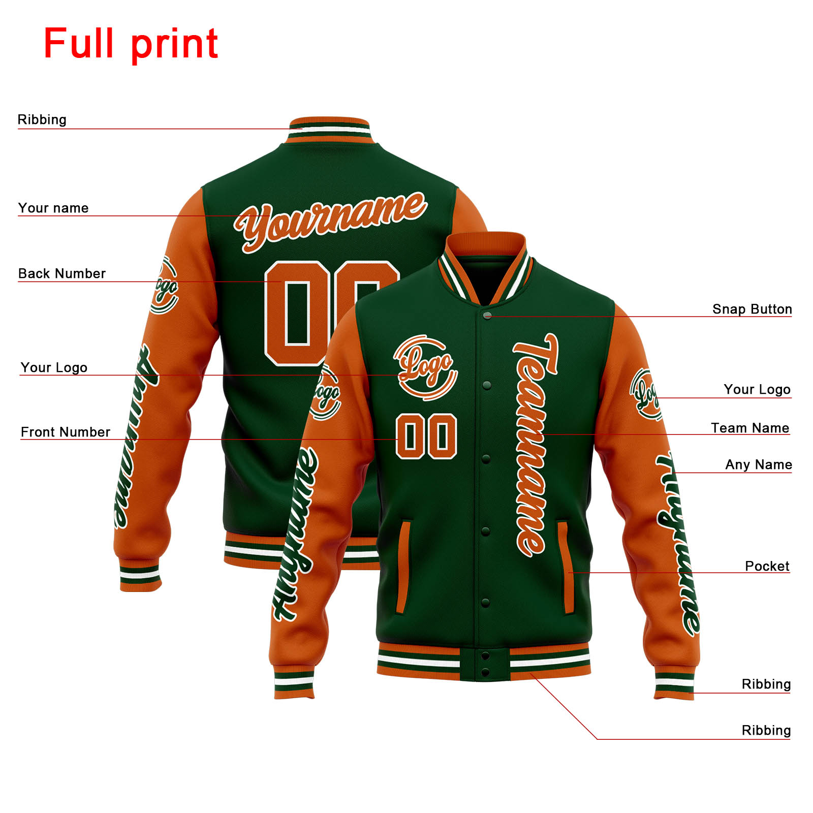 Custom Drak Green Orange Varsity Jacket for Men Women and Youth with Personalized Letterman Jacket 