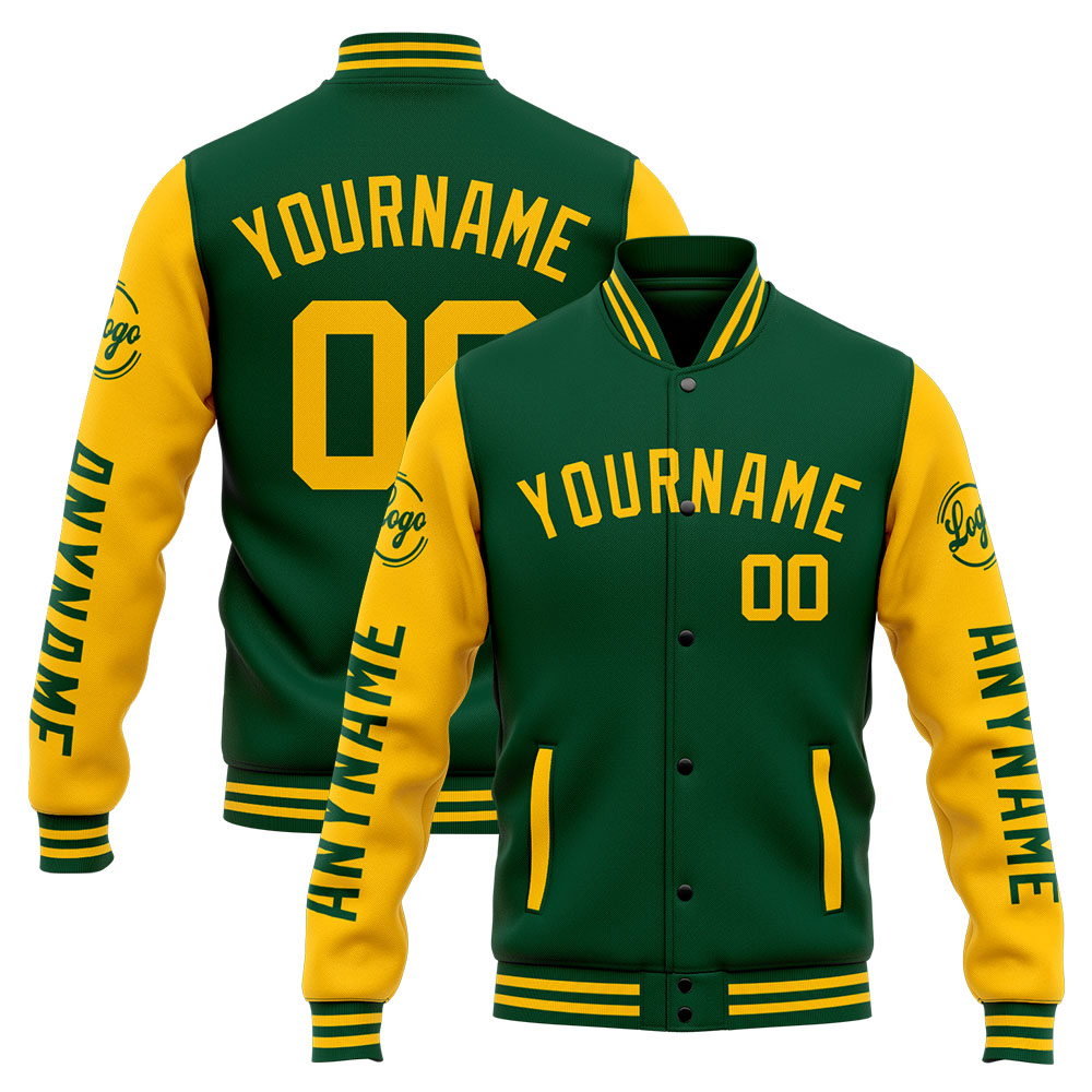 Custom Green Yellow Varsity Jacket for Men Women and Youth with Personalized Letterman Jacket 