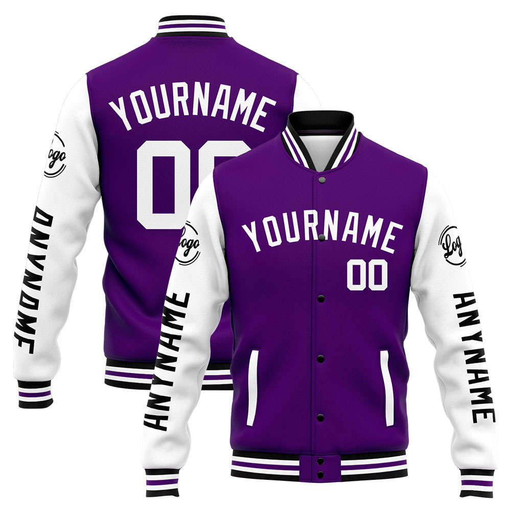 Custom Purple White Varsity Jacket for Men Women and Youth with Personalized Letterman Jacket 