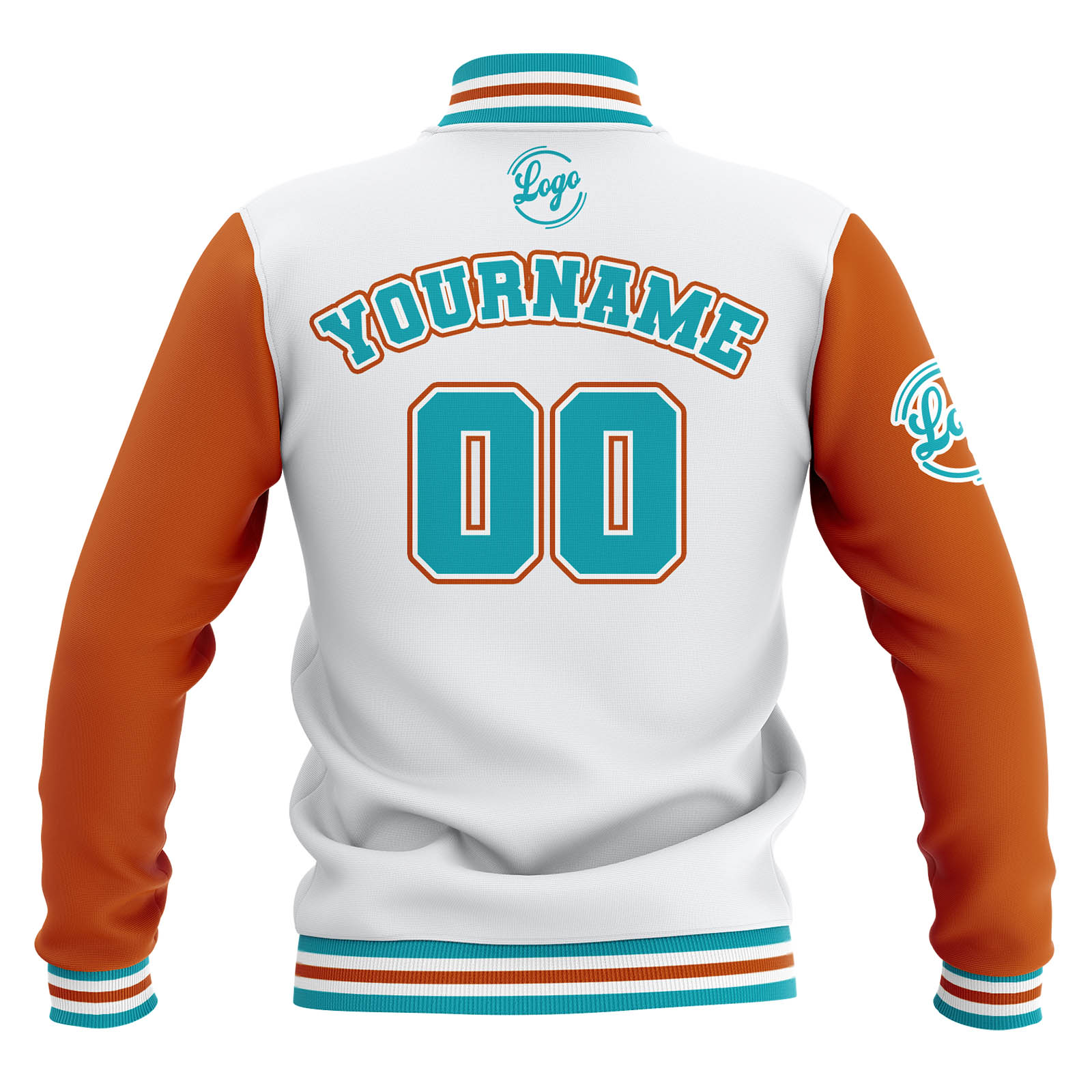 Custom White Orange Teal Waterproof Varsity Jackets Personalized Stitched Name Number Logo to Letterman Jackets