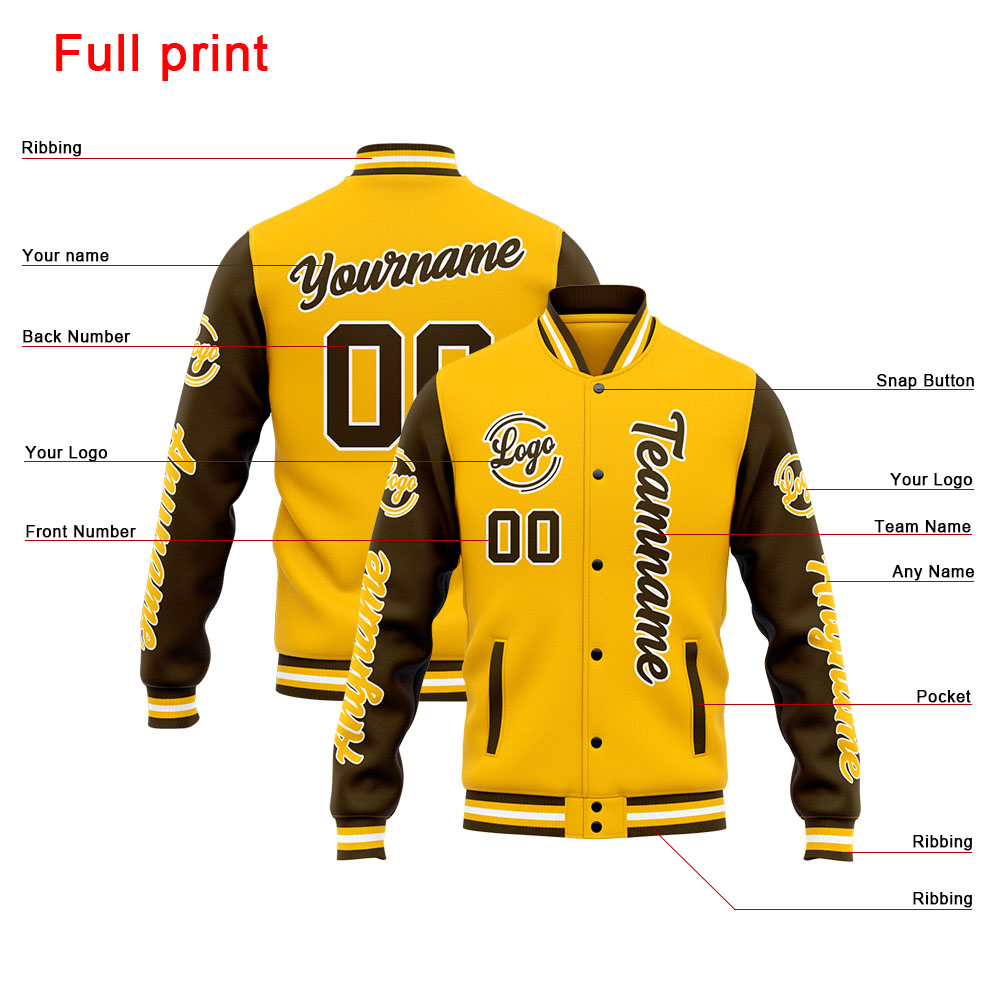Custom Brown Yellow Varsity Jacket for Men Women and Youth with Personalized Letterman Jacket 