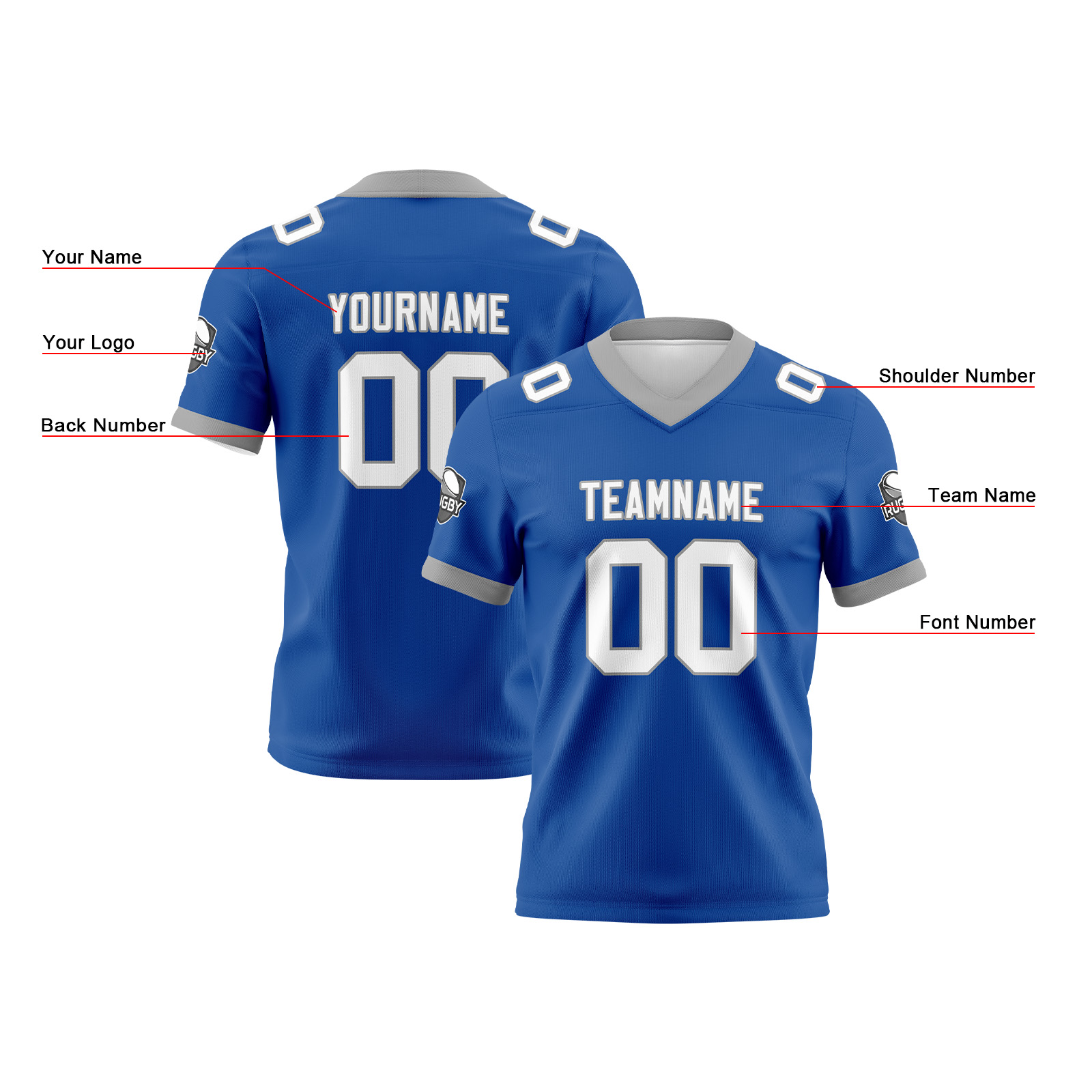 Custom Blue Grey Football Jersey Personalized Football Shirts for Men Printed Team Name Number Logo