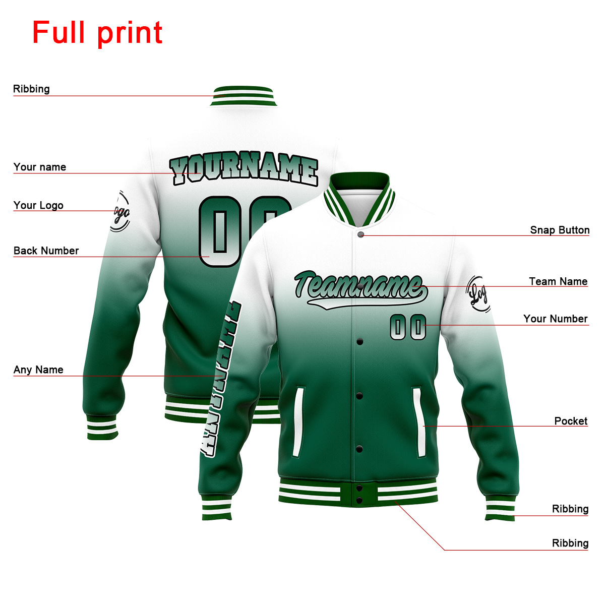Custom White&Green Varsity Jacket for Men Women and Youth with Personalized Letterman Jacket 