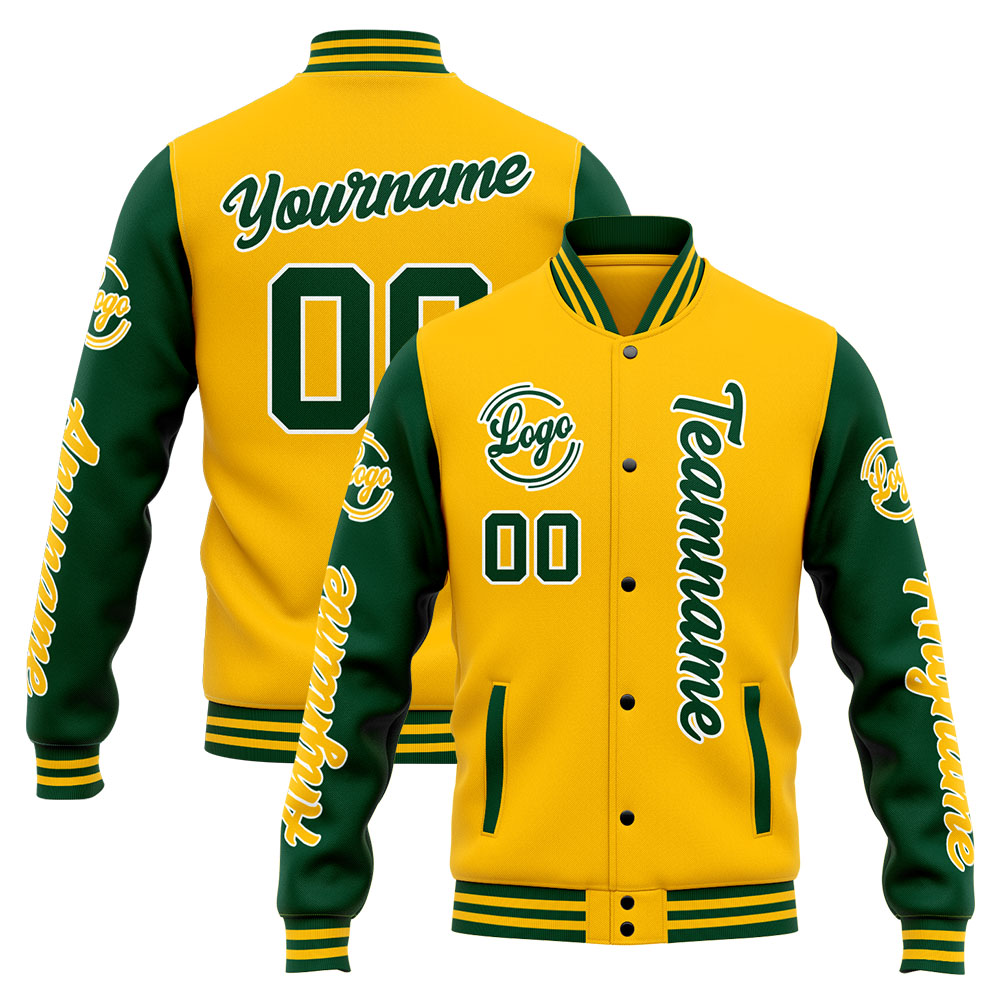 Custom Green Yellow Varsity Jacket for Men Women and Youth with Personalized Letterman Jacket 