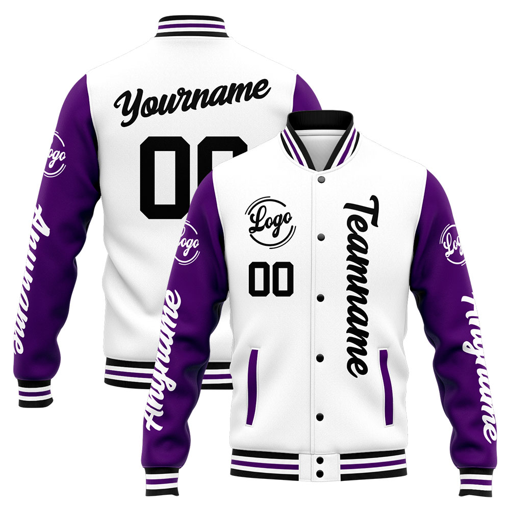 Custom Purple White Varsity Jacket for Men Women and Youth with Personalized Letterman Jacket 