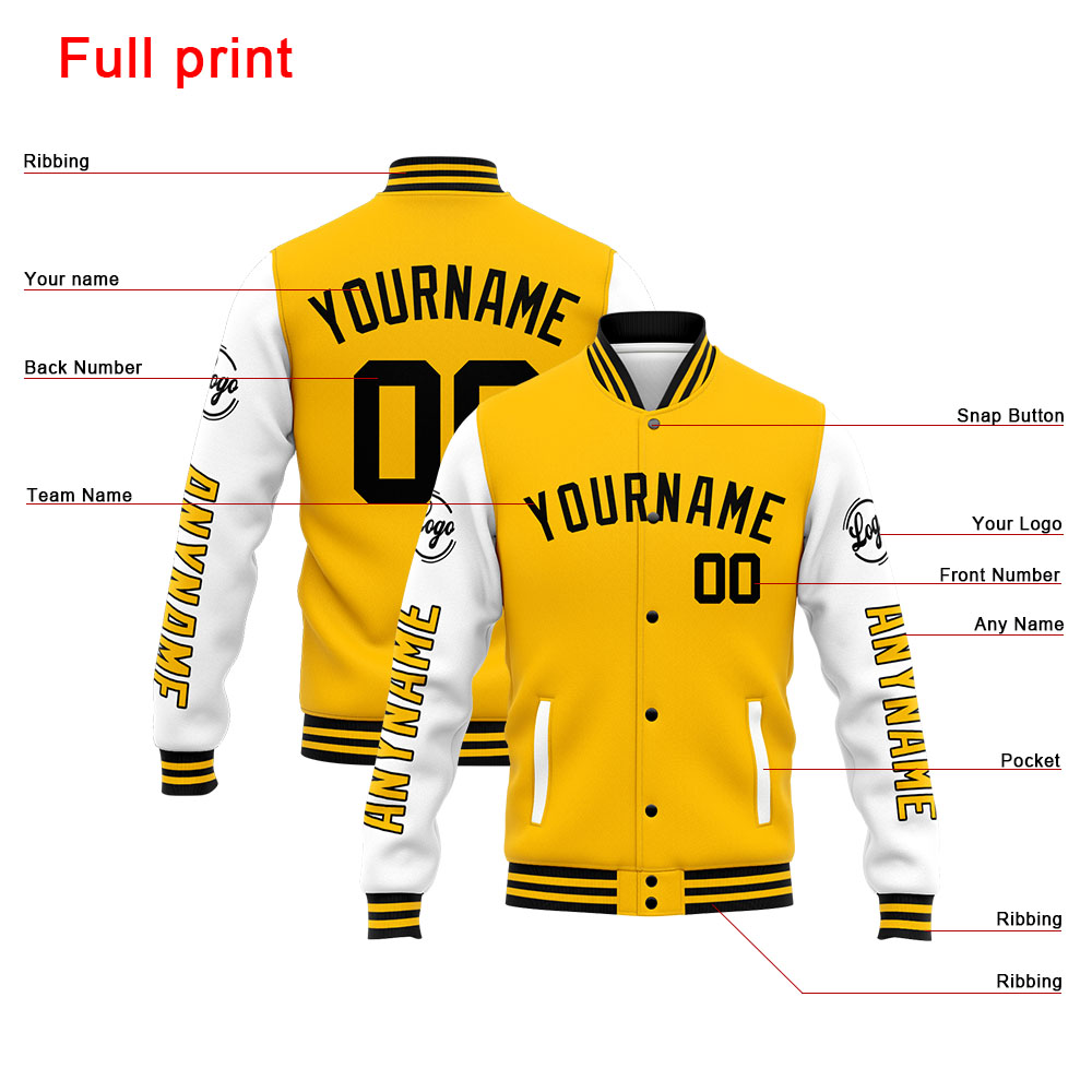 Custom Yellow White Varsity Jacket for Men Women and Youth with Personalized Letterman Jacket 