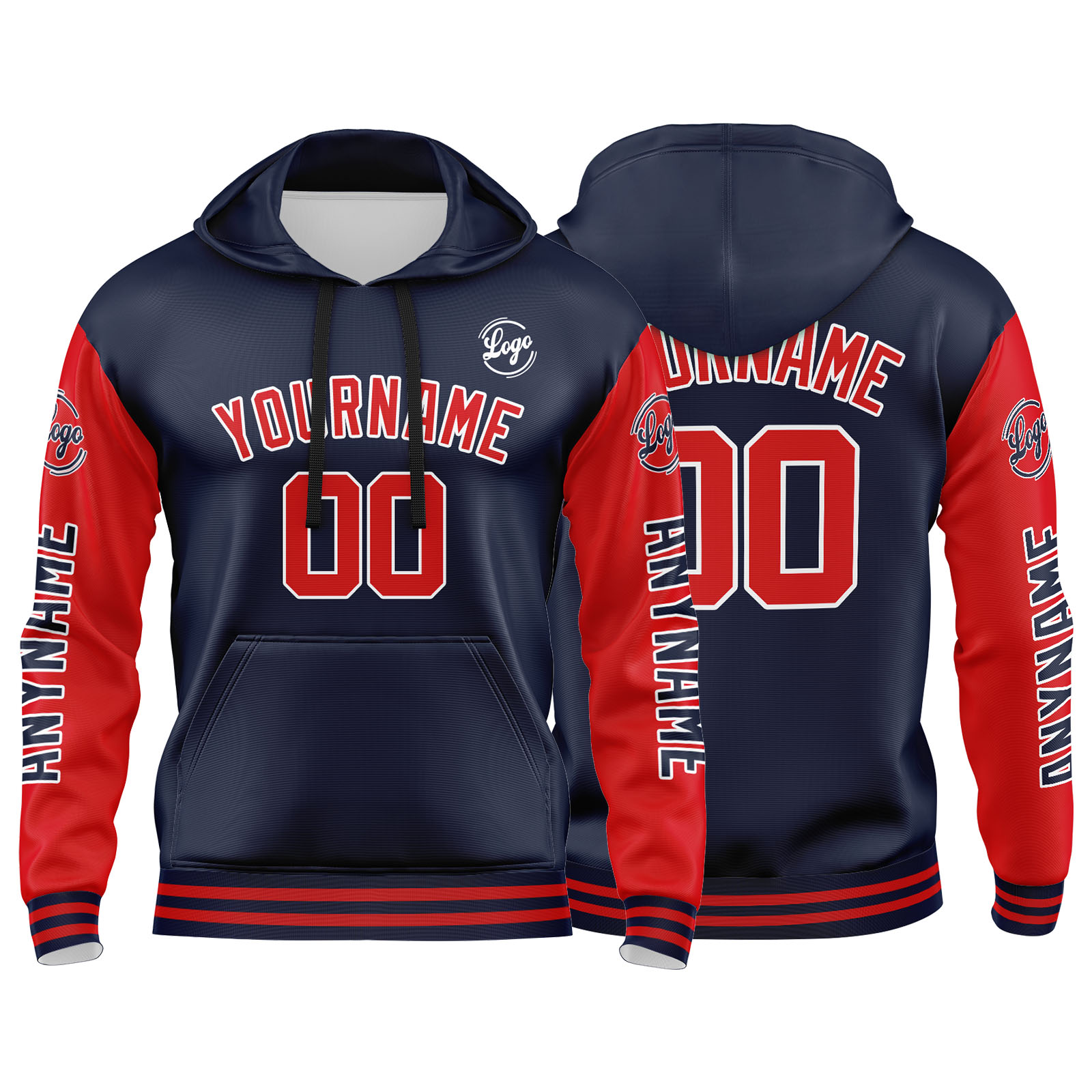 Custom Navy Red Hoodie Personalized Mens Pullover Hoodie Printed Team Name Number Logo for Women