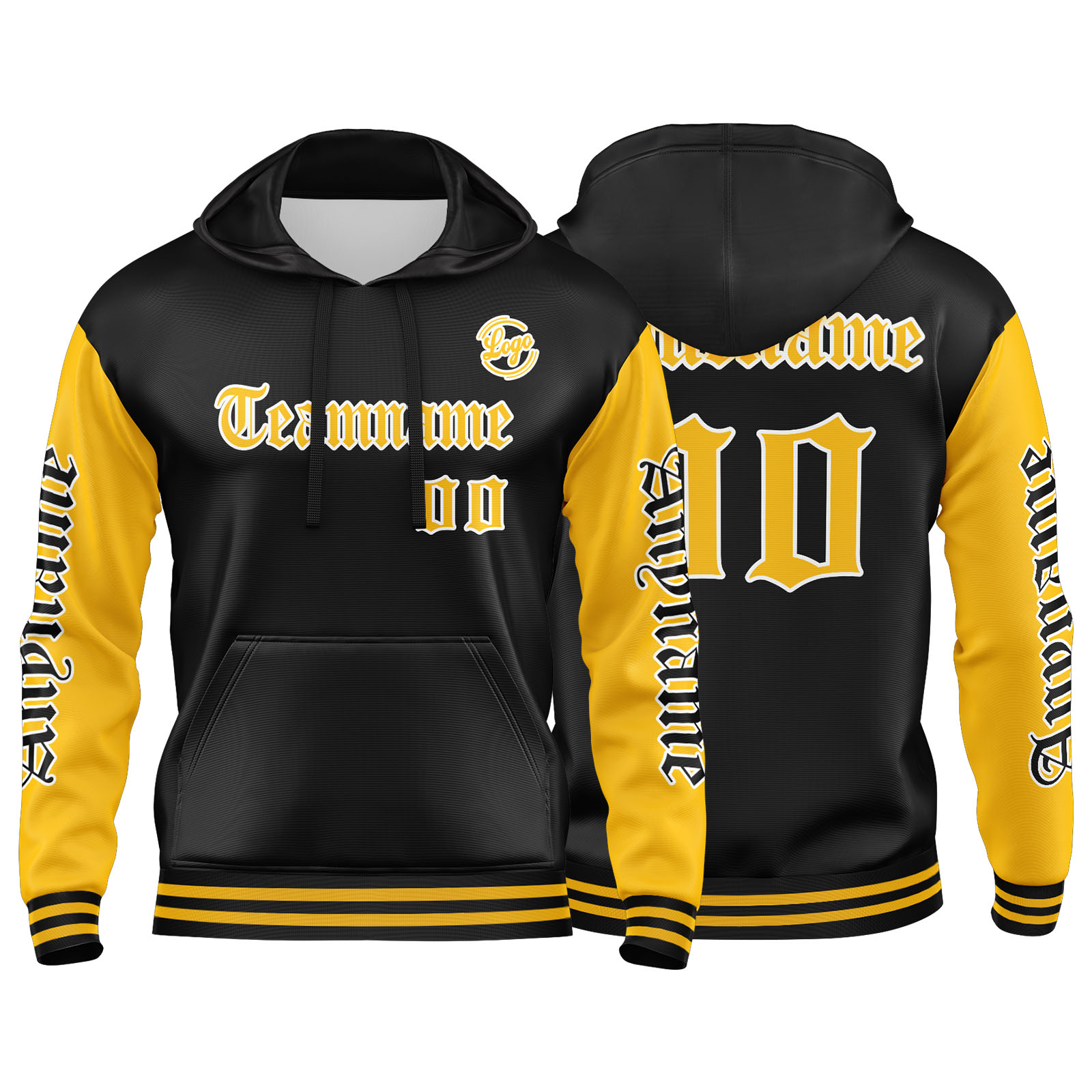Custom Yellow Black Hoodie Personalized Mens Pullover Hoodie Printed Team Name Number Logo for Women