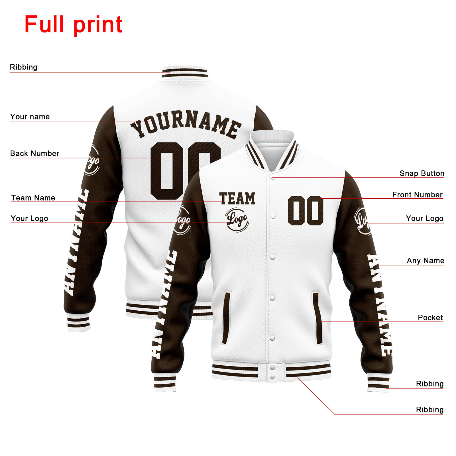 Custom White Brown Varsity Jacket for Men Women and Youth with Personalized Letterman Jacket 