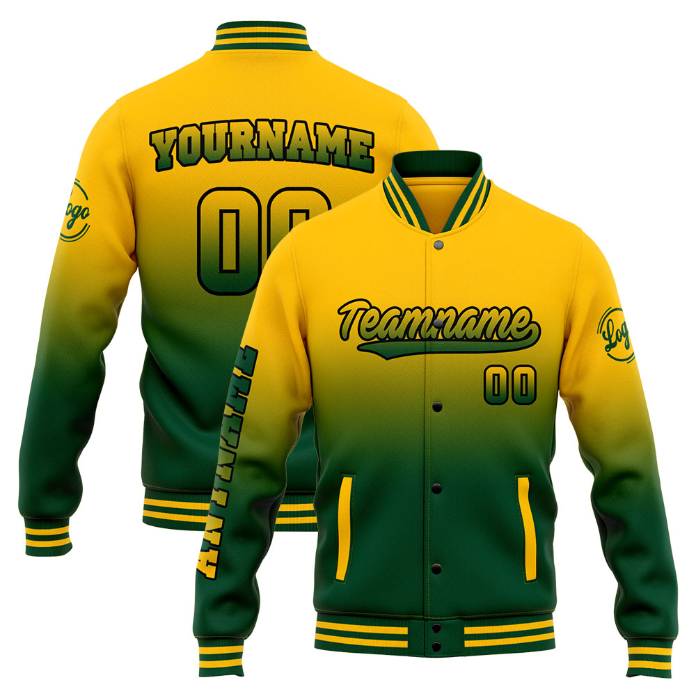 Custom Green Yellow Varsity Jacket for Men Women and Youth with Personalized Letterman Jacket 