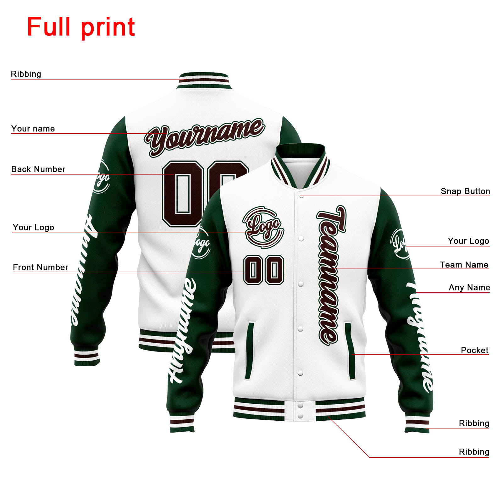 Custom White Green Brown Varsity Jacket for Men Women and Youth with Personalized Letterman Jacket 