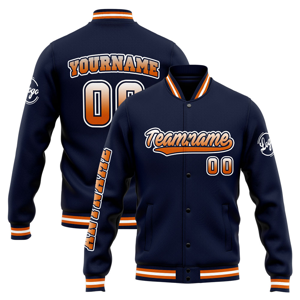 Custom Navy Orange Varsity Jacket for Men Women and Youth with Personalized Letterman Jacket 