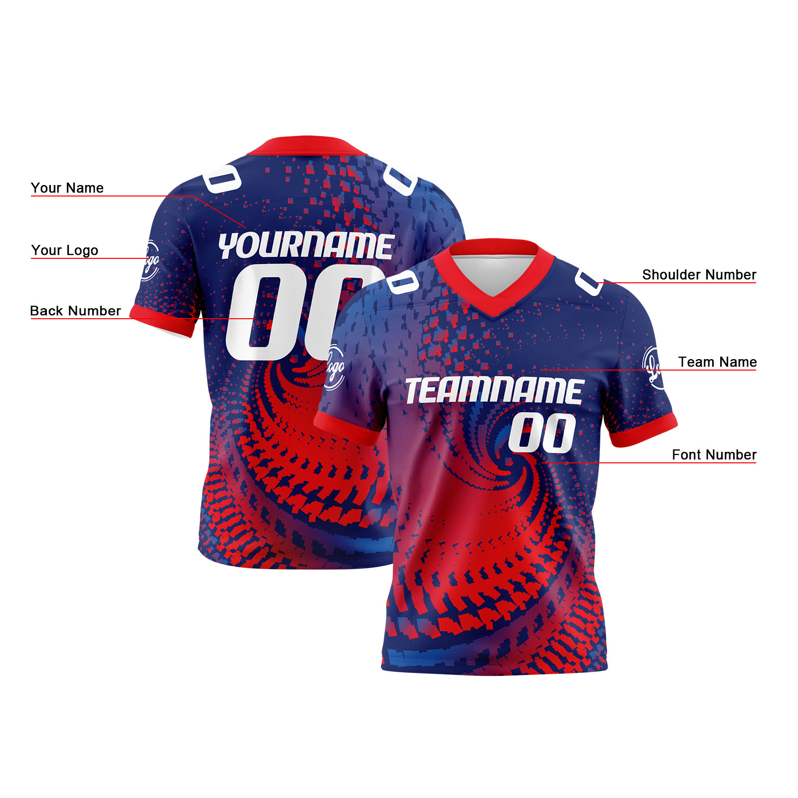 Custom Blue White Red Reversible Football Jersey Personalized Gradient Football Shirts for Men Printed Team Name Number Logo