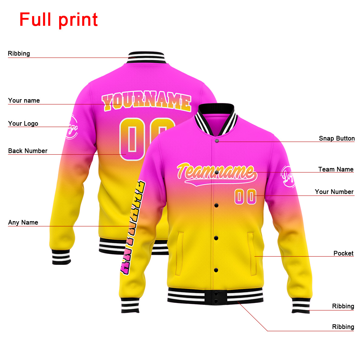 Custom Pink&Yellow Varsity Jacket for Men Women and Youth with Personalized Letterman Jacket 