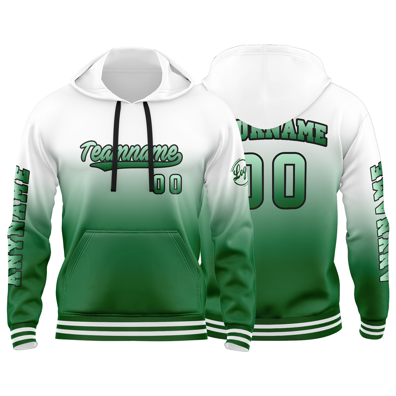 Custom Green White Hoodie Personalized Mens Pullover Hoodie Printed Team Name Number Logo for Women
