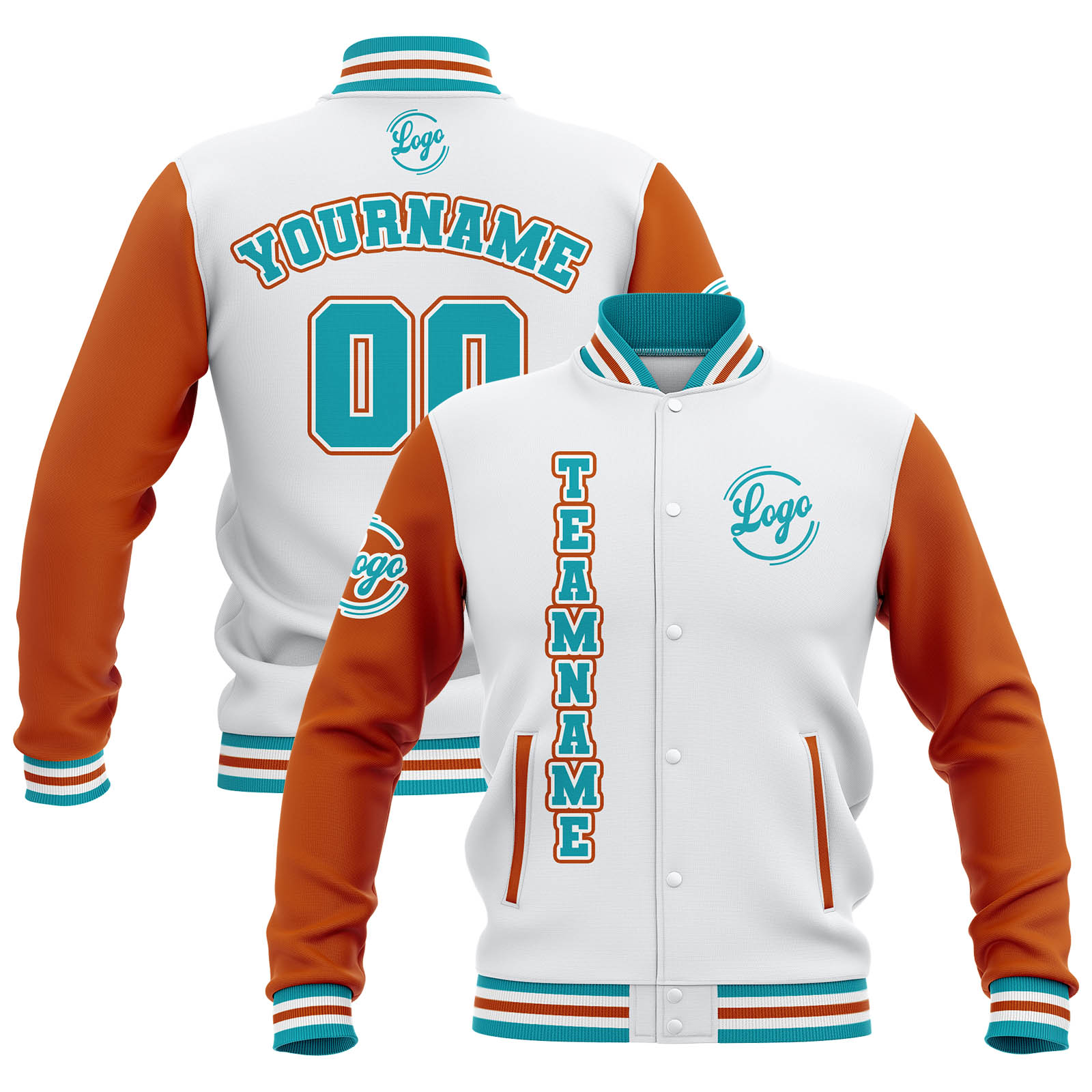 Custom White Orange Teal Waterproof Varsity Jackets Personalized Stitched Name Number Logo to Letterman Jackets