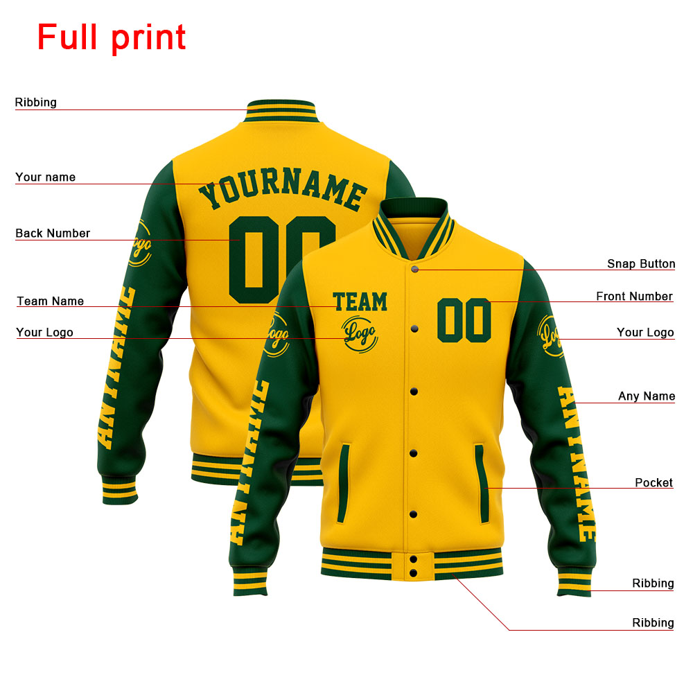 Custom Green Yellow Varsity Jacket for Men Women and Youth with Personalized Letterman Jacket 