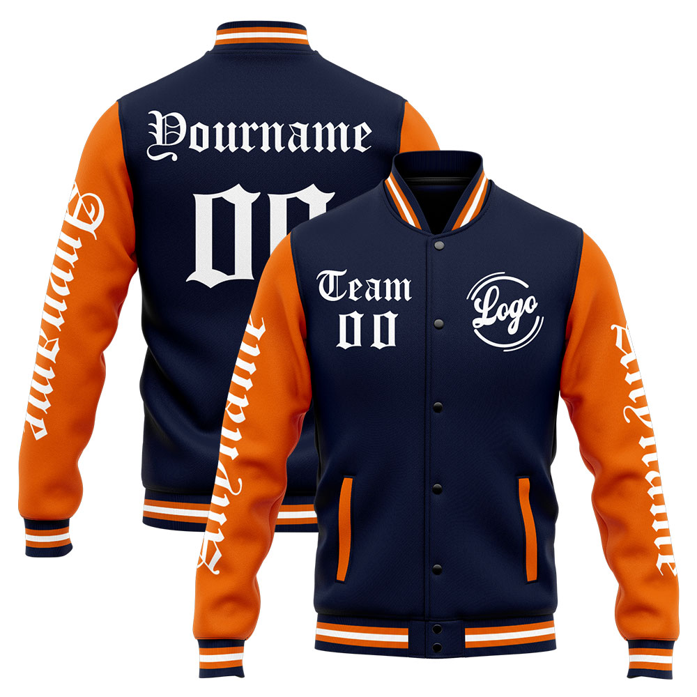 Custom Navy Orange Varsity Jacket for Men Women and Youth with Personalized Letterman Jacket 