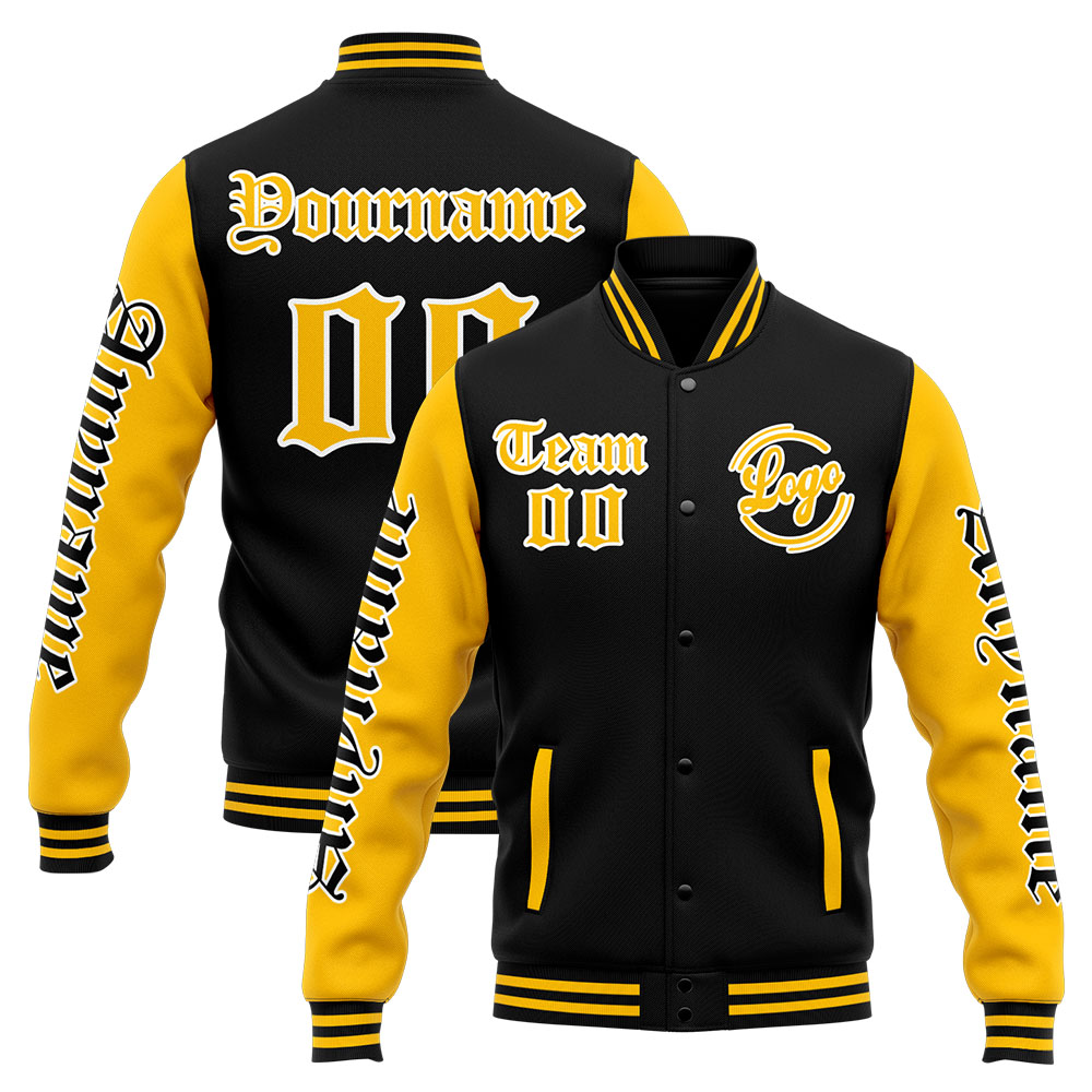Custom Yellow Black Varsity Jacket for Men Women and Youth with Personalized Letterman Jacket 
