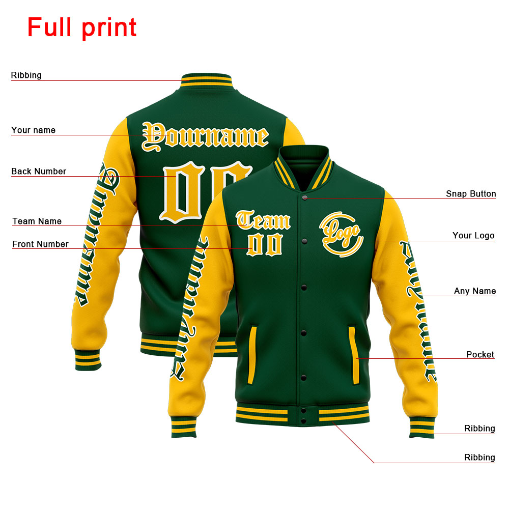 Custom Green Yellow Varsity Jacket for Men Women and Youth with Personalized Letterman Jacket 