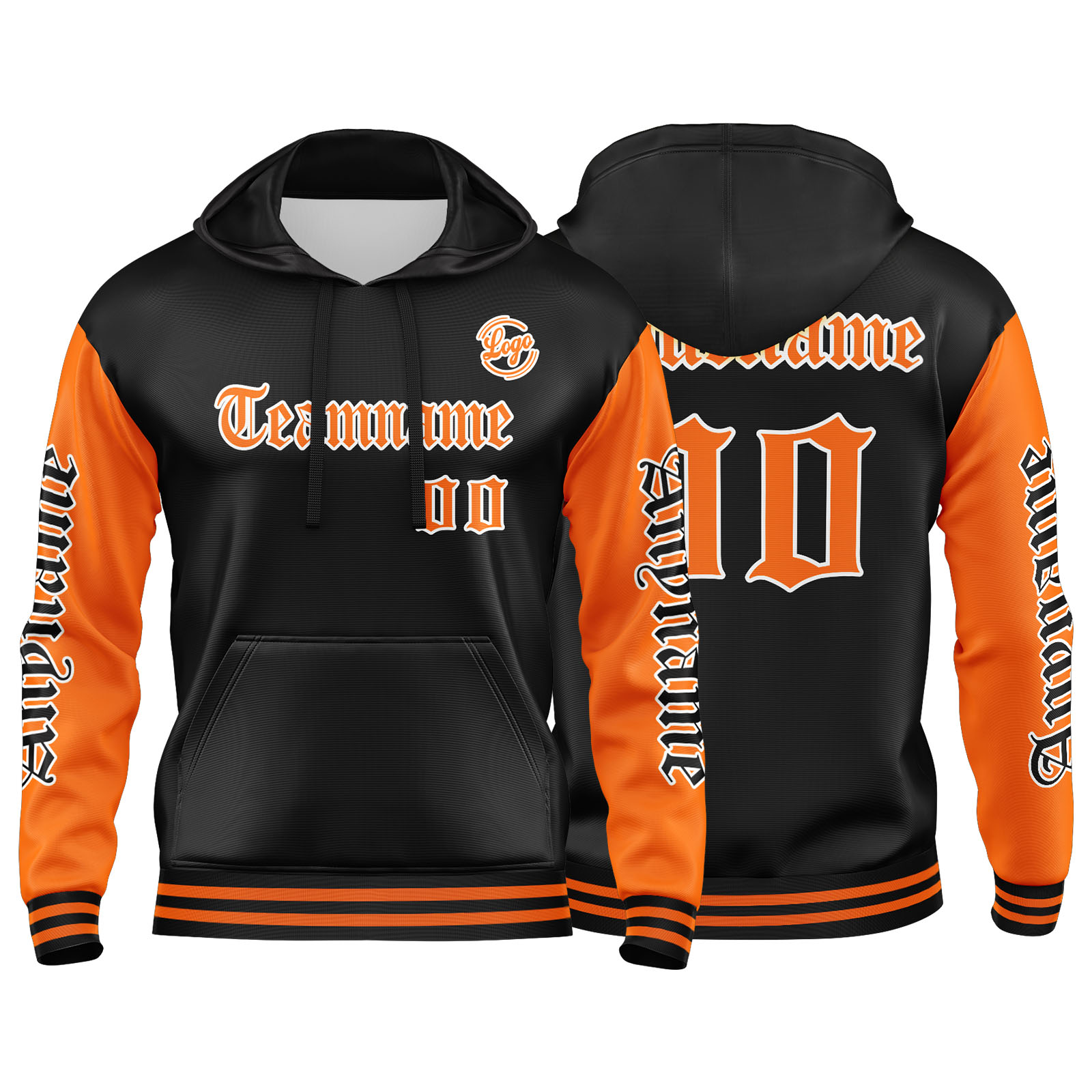 Custom Orange Black Hoodie Personalized Mens Pullover Hoodie Printed Team Name Number Logo for Women