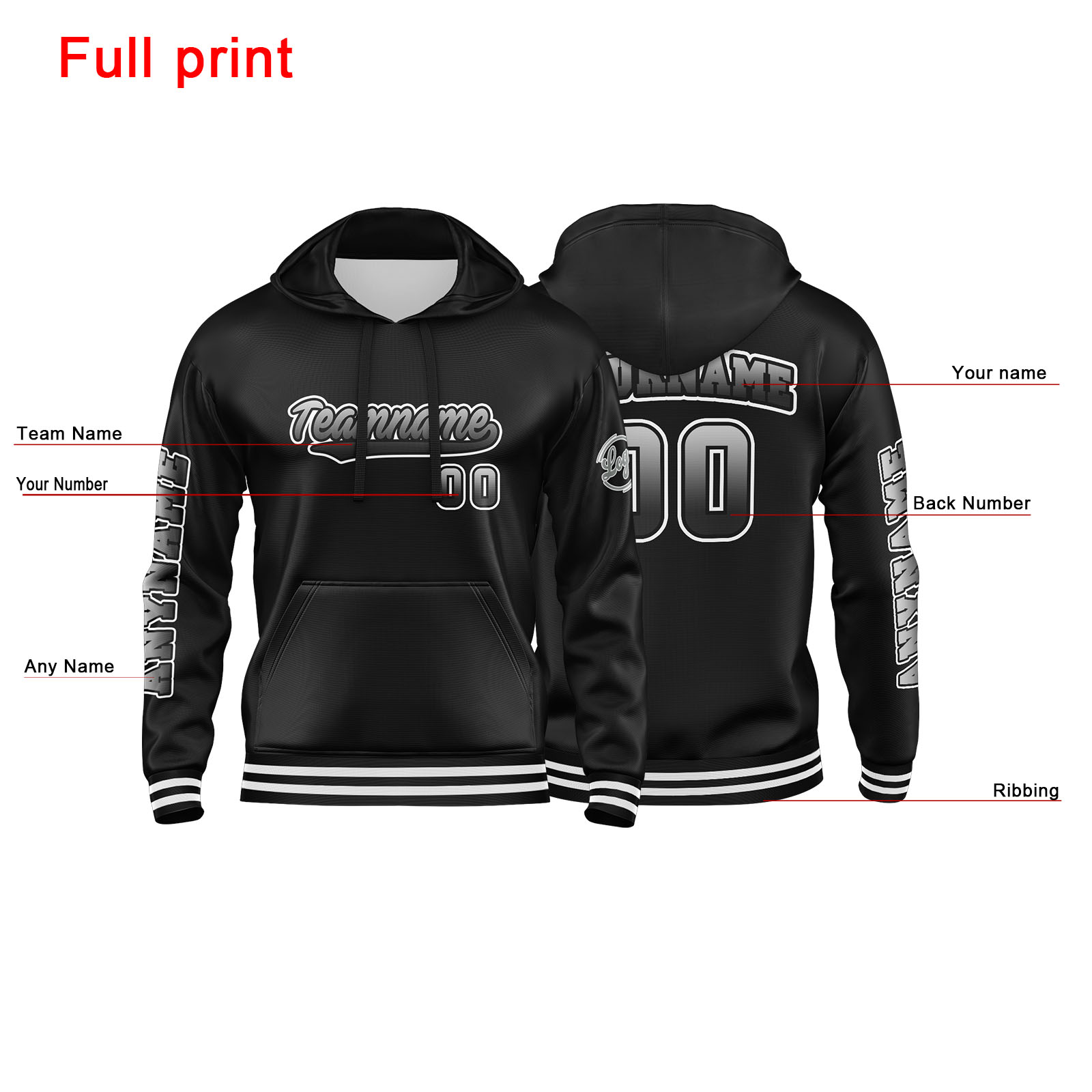 Custom White Black Hoodie Personalized Mens Pullover Hoodie Printed Team Name Number Logo for Women