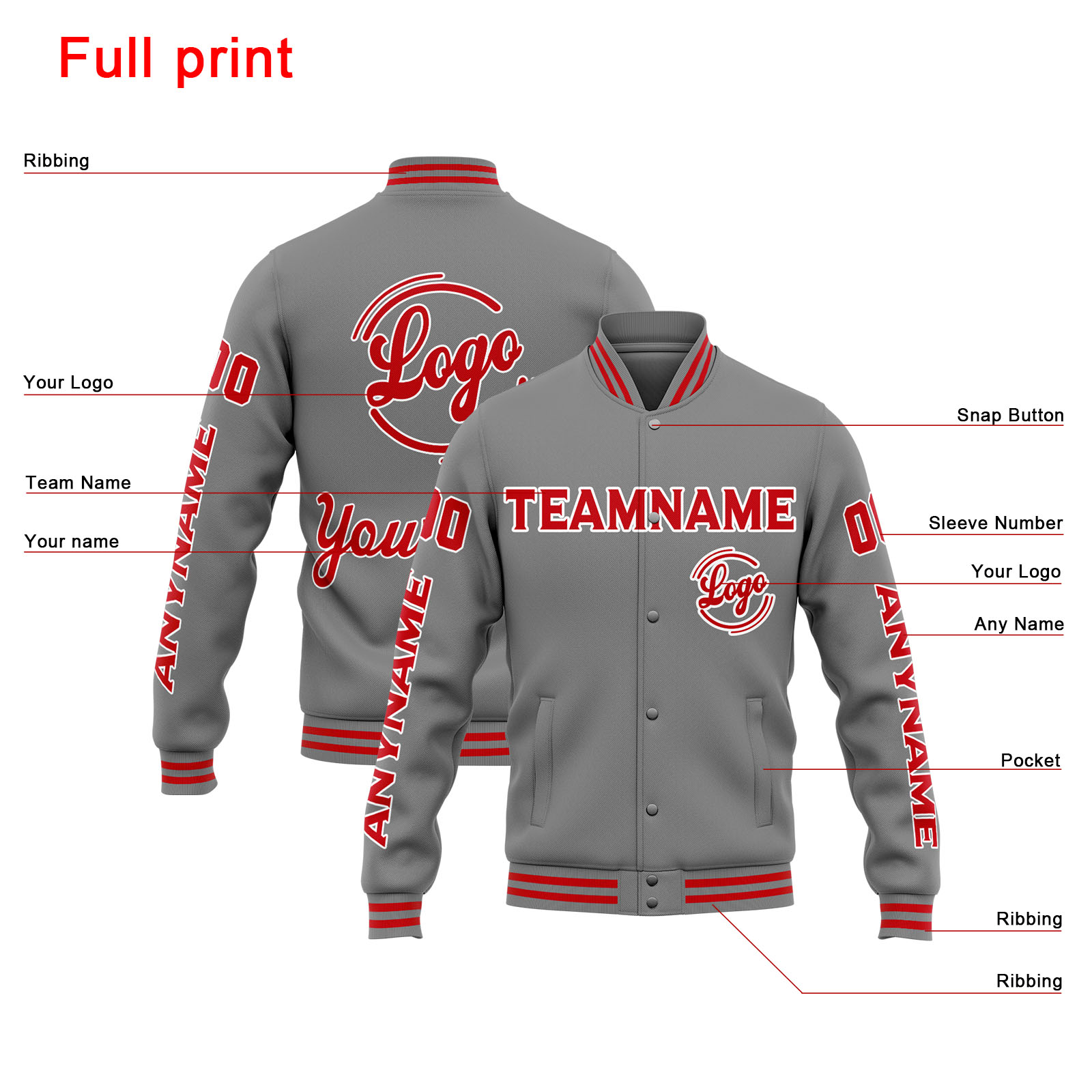 Custom Grey Red Varsity Jacket for Men Women and Youth with Personalized Letterman Jacket 
