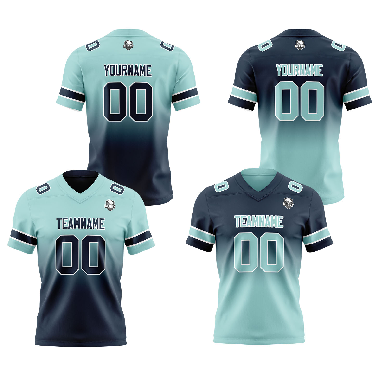 Custom Light Teal Navy Reversible Football Jersey Personalized Gradient Football Shirts for Men Printed Team Name Number Logo