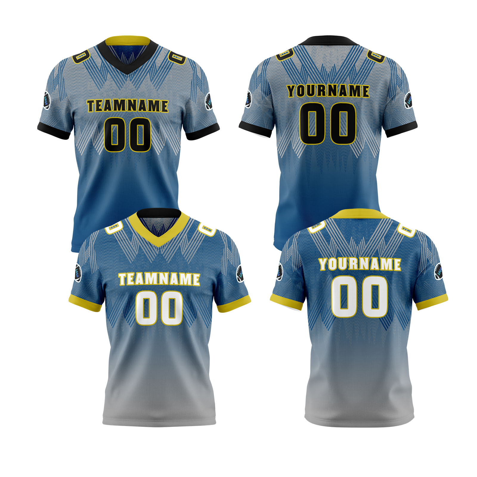 Custom Blue Yellow Reversible Football Jersey Personalized Gradient Football Shirts for Men Printed Team Name Number Logo
