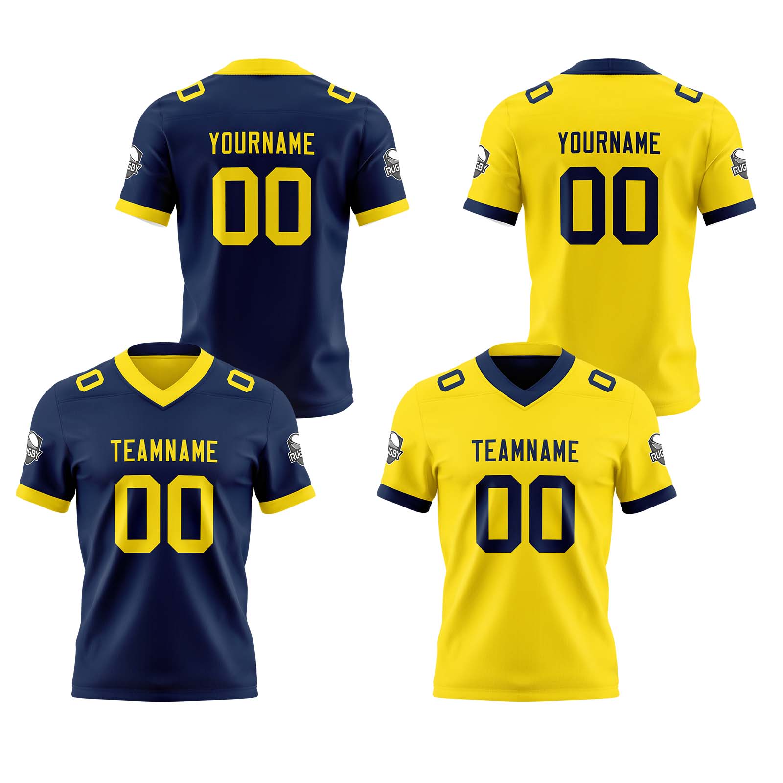 Custom Navy Yellow Reversible Football Jersey Personalized Gradient Football Shirts for Men Printed Team Name Number Logo