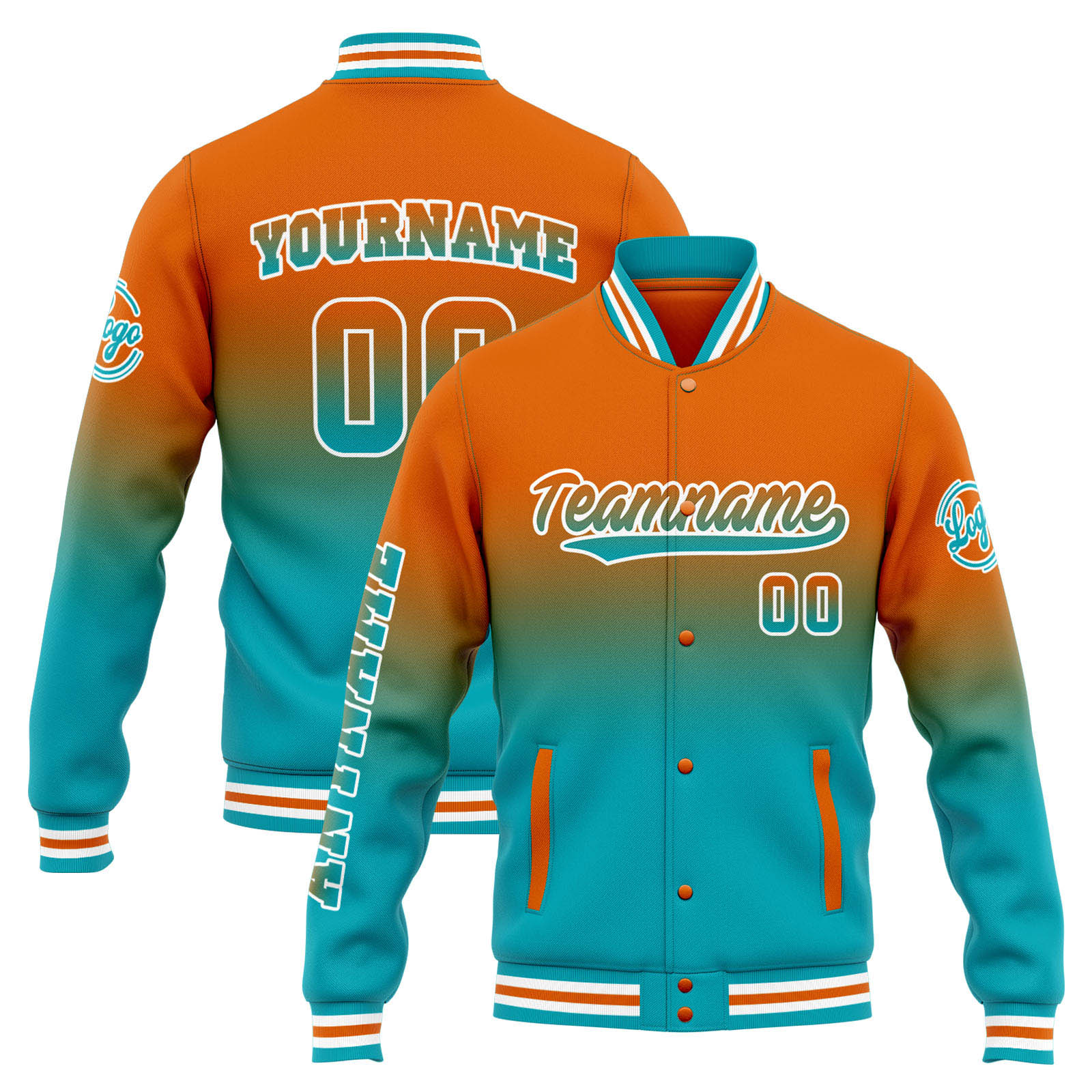 Custom Orange Teal Gradient Varsity Jacket for Men Women and Youth with Personalized Letterman Jacket 
