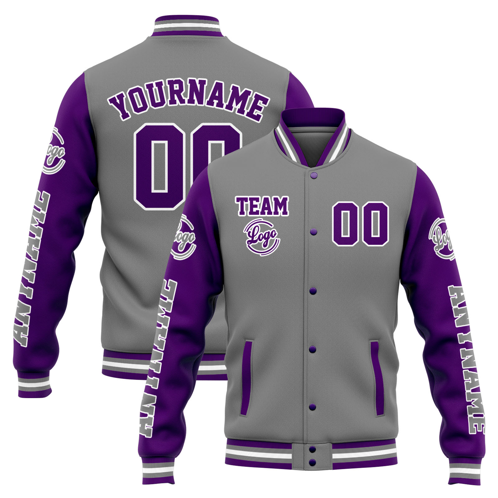 Custom Grey Purple Varsity Jacket for Men Women and Youth with Personalized Letterman Jacket 