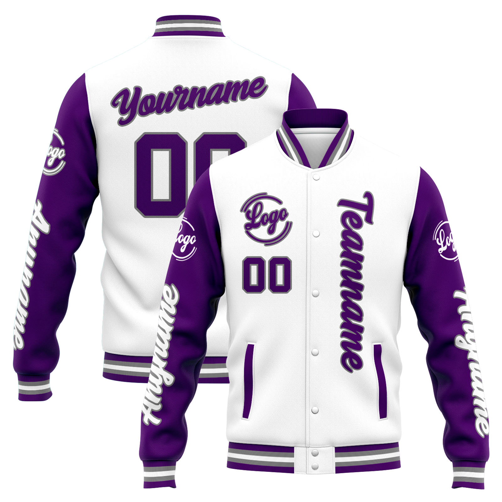 Custom White Purple Varsity Jacket for Men Women and Youth with Personalized Letterman Jacket 