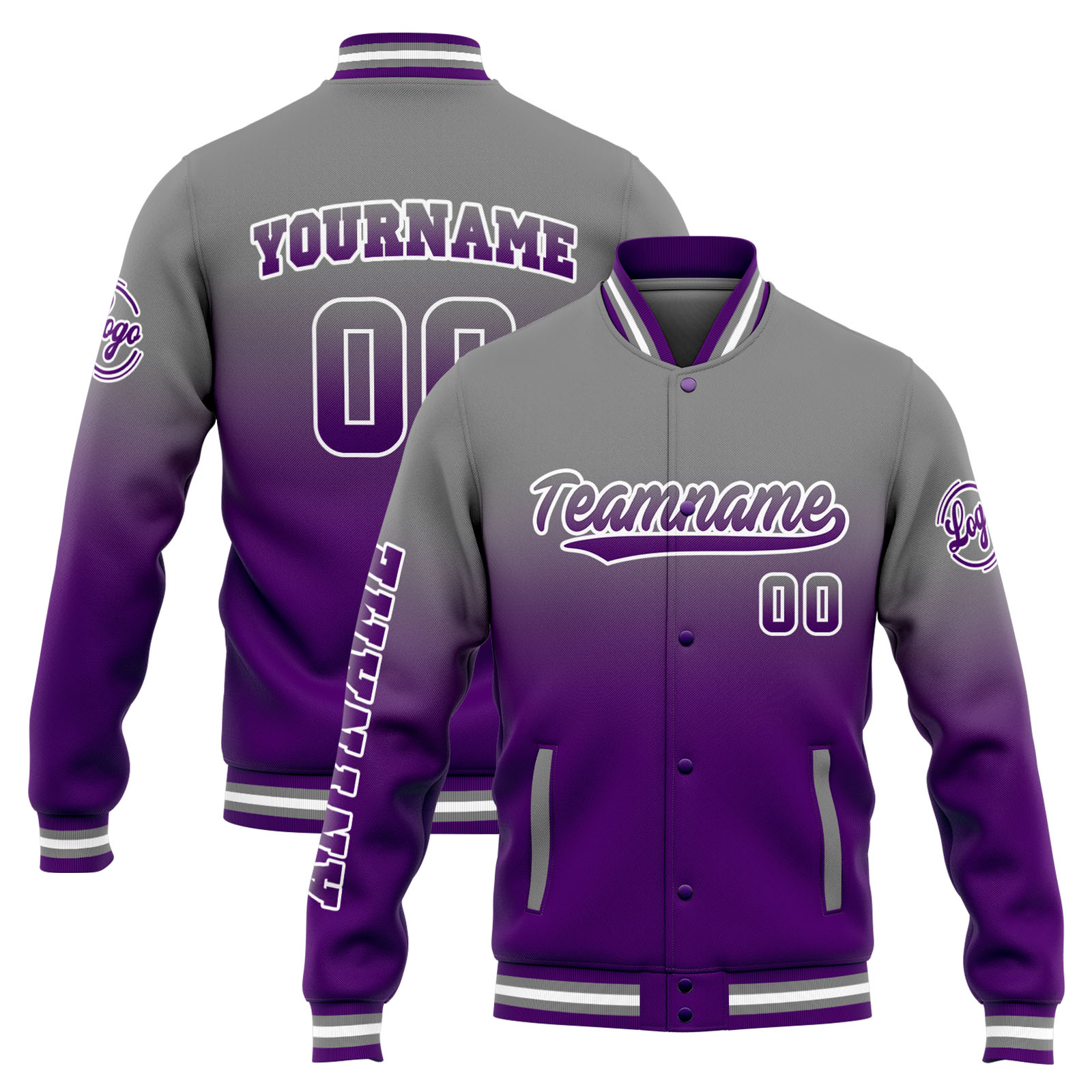 Custom Grey Purple Gradient Varsity Jacket for Men Women and Youth with Personalized Letterman Jacket 
