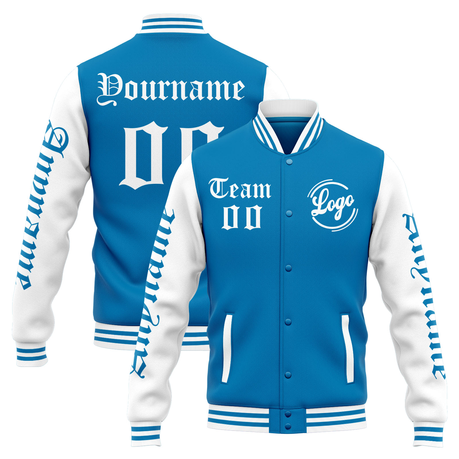 Custom Blue White Varsity Jacket for Men Women and Youth with Personalized Letterman Jacket 