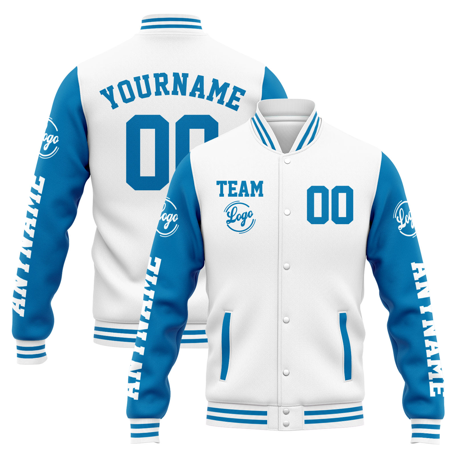 Custom White Blue Varsity Jacket for Men Women and Youth with Personalized Letterman Jacket 