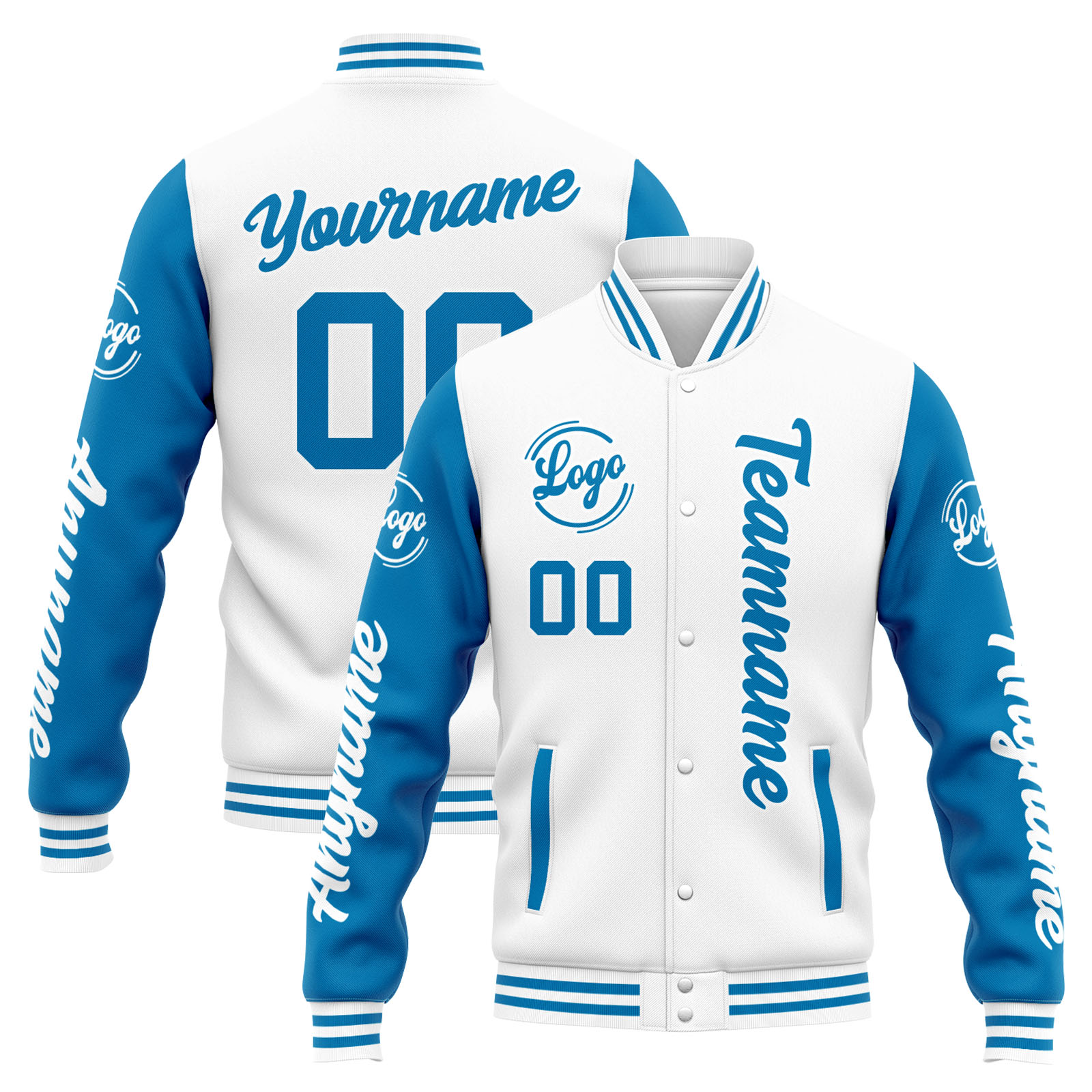 Custom White Blue Varsity Jacket for Men Women and Youth with Personalized Letterman Jacket 