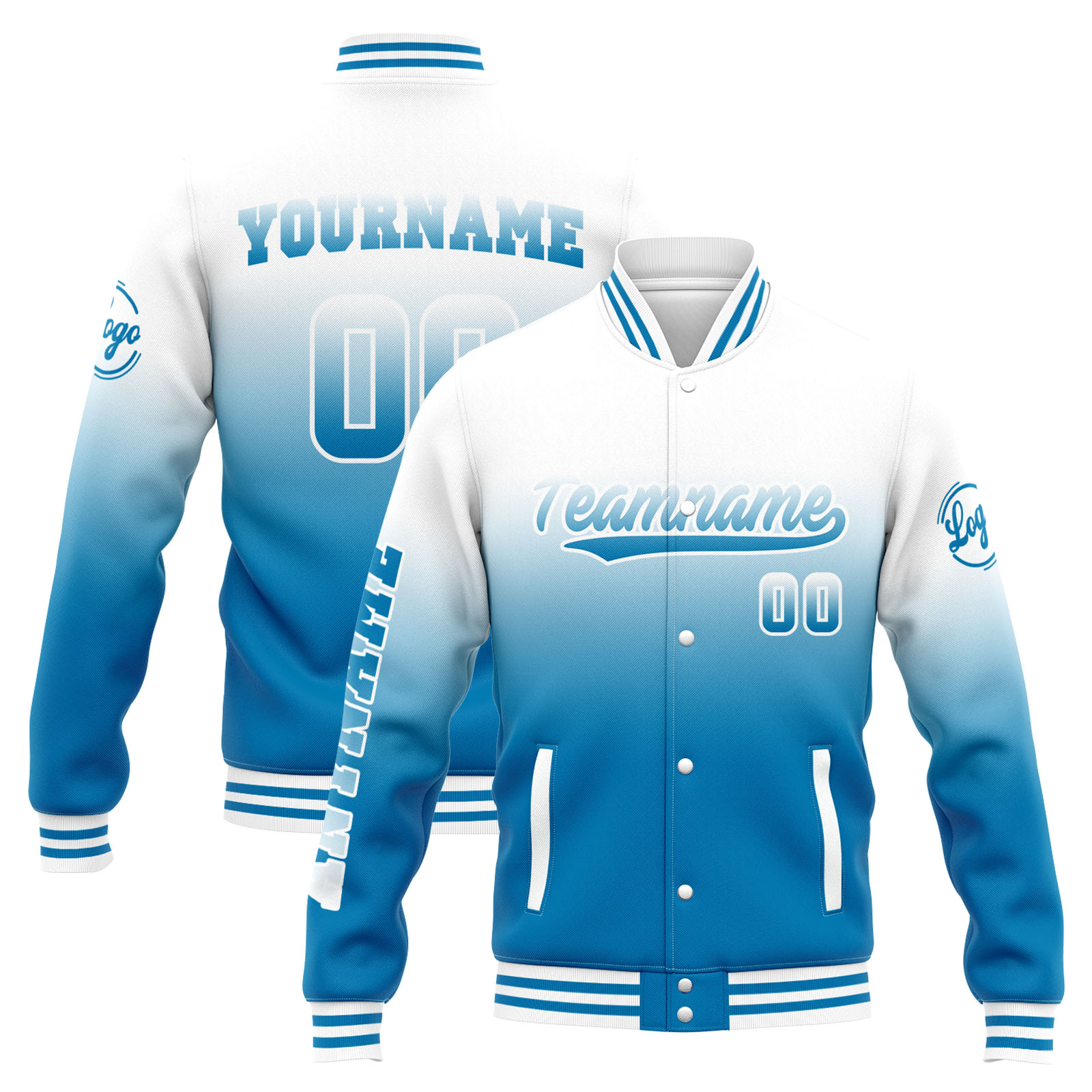 Custom White Blue Gradient Varsity Jacket for Men Women and Youth with Personalized Letterman Jacket 