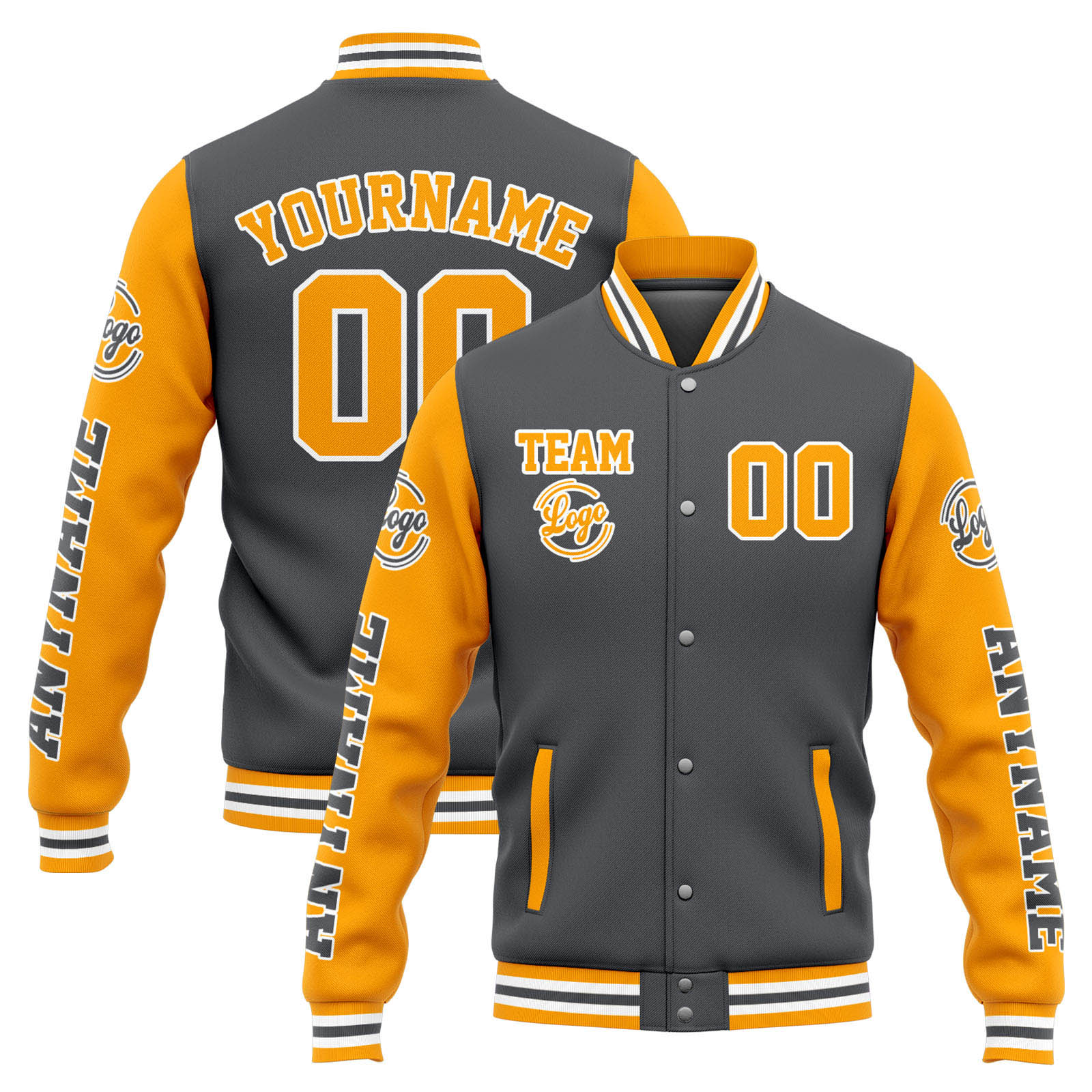 Custom Grey Yellow Gradient Varsity Jacket for Men Women and Youth with Personalized Letterman Jacket 